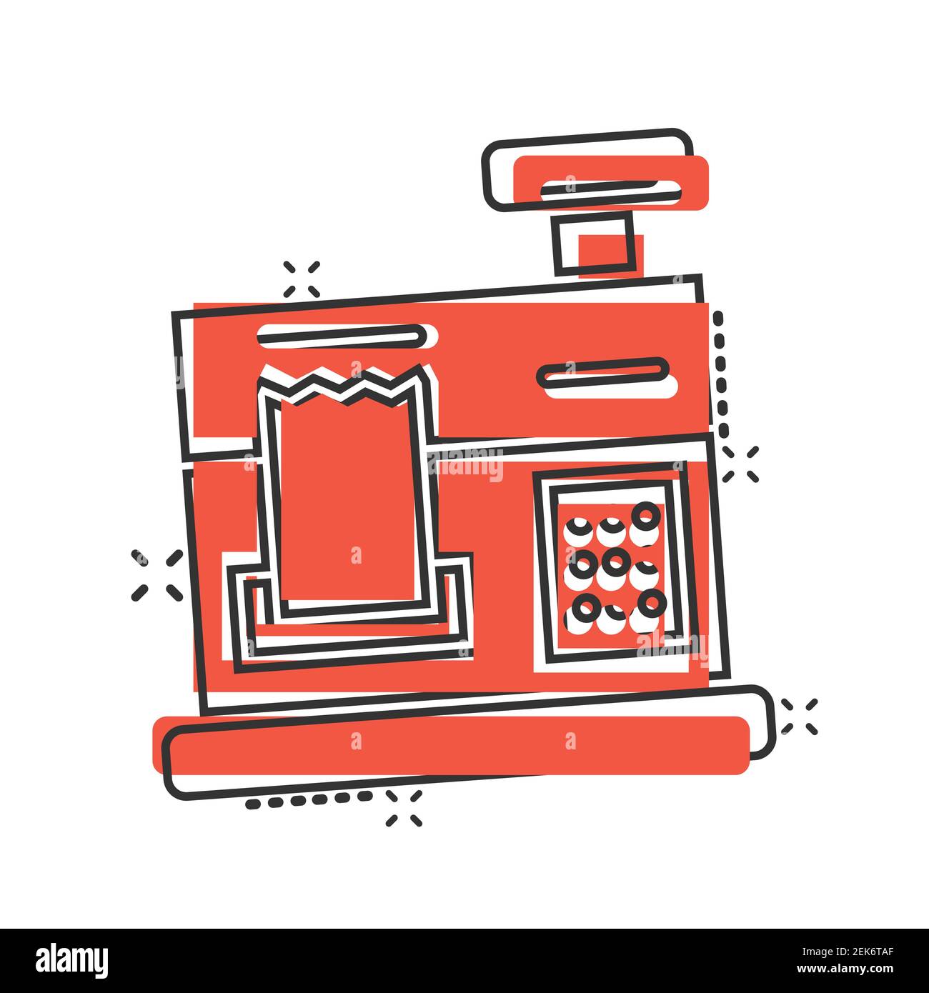 Icono de caja registradora en estilo cómic. ilustración de vector de dibujos animados de la máquina sobre fondo blanco Concepto de negocio de efecto de chapoteo de pago Imagen