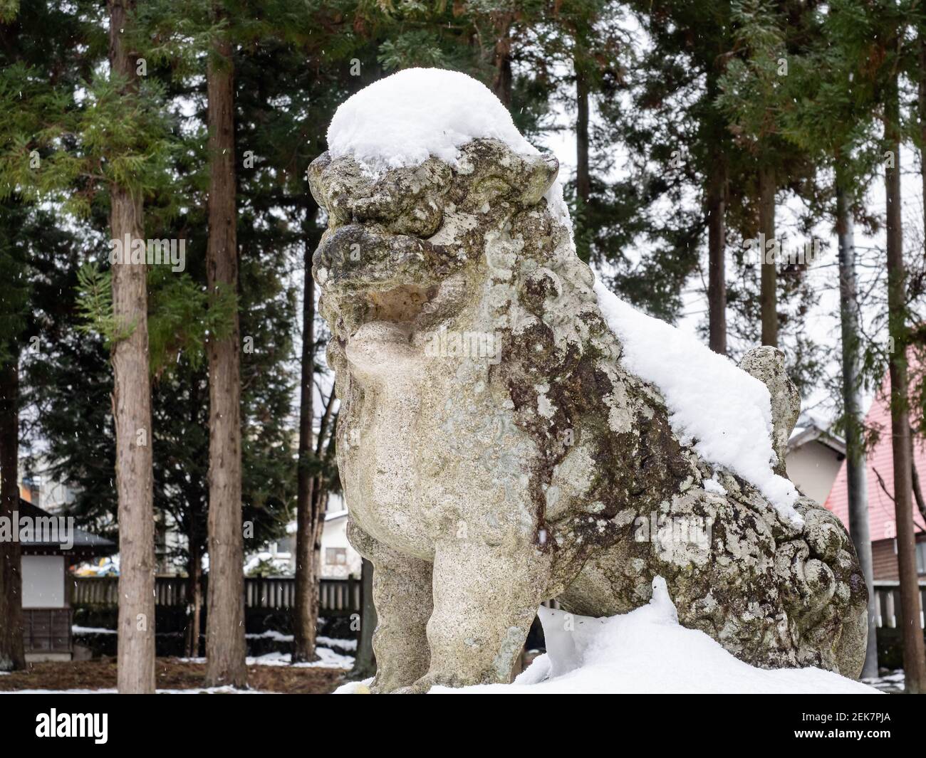 Una estatua del espíritu guardián japonés se encuentra cubierta de nieve por un pequeño santuario sintoísta en la prefectura de Yamanouchi, Japón. Foto de stock