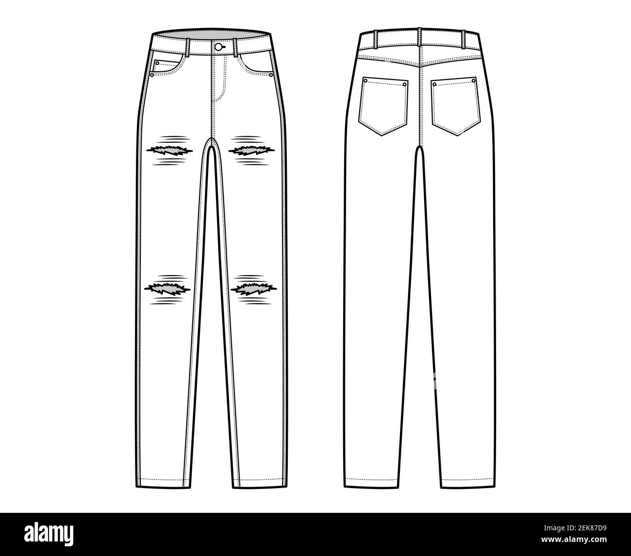 Jeans ripped pantalones denim envejecidos ilustración técnica de moda con  longitud completa, cintura baja, talle, moneda, 5 bolsillos, Remaches.  Plantilla de fondo plano en la parte delantera, en la parte trasera en