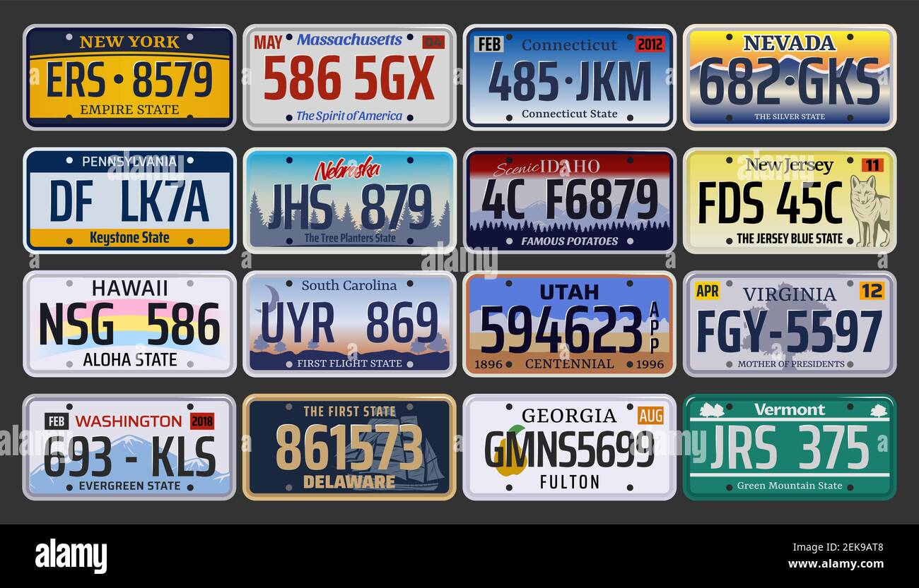 Números de coche o placas de vehículos diseño vectorial. Placas de  matrícula de metal o plástico para la identificación de automóviles,  camiones y motocicletas en EE.UU. St Imagen Vector de stock -