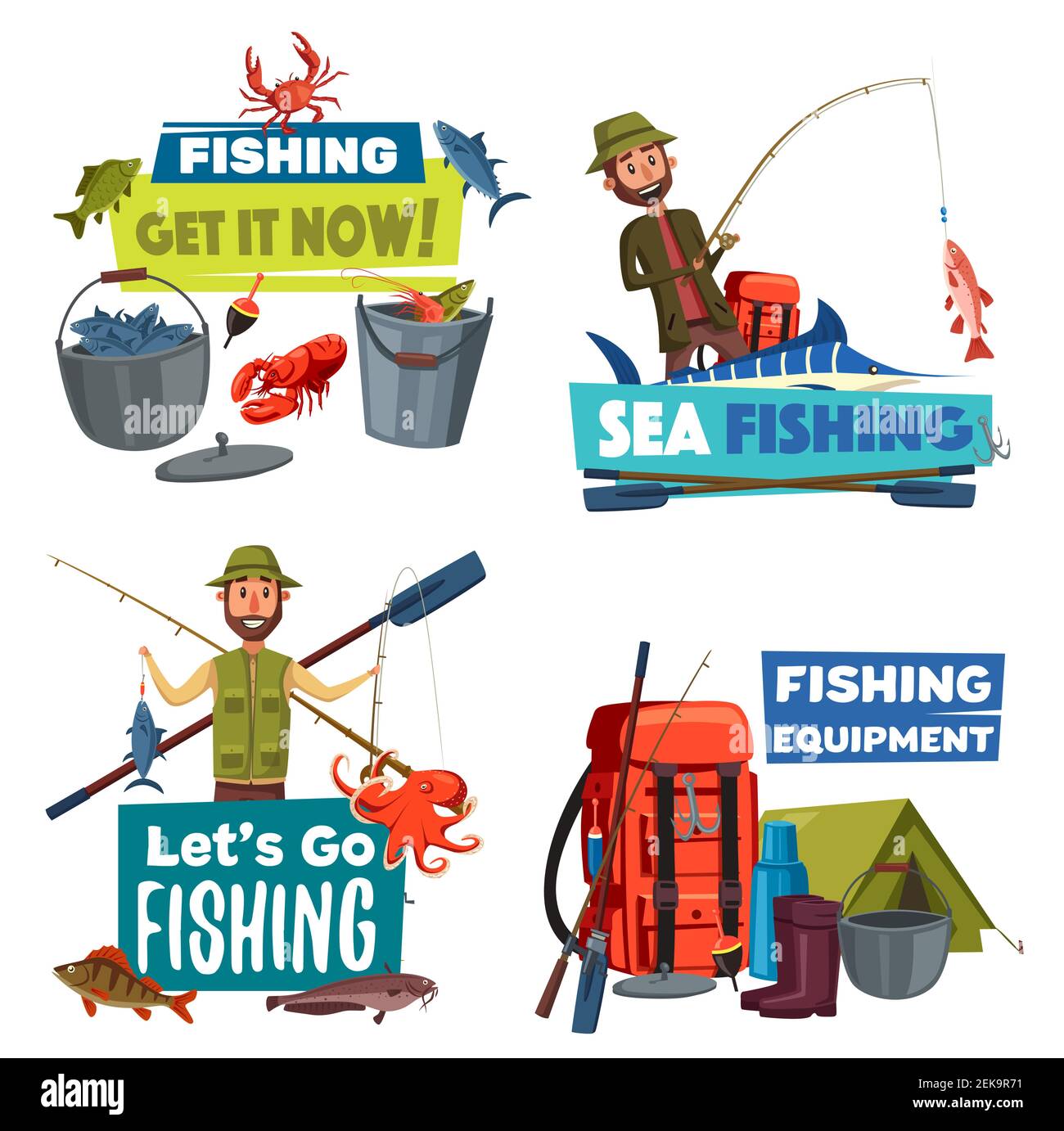 Deporte de pesca y equipo de pescadores iconos de vectores. Pescadores o  pescadores con pesca, caña de pescar, barco y aparejos, salmón, atún y  aguja, turista Imagen Vector de stock - Alamy