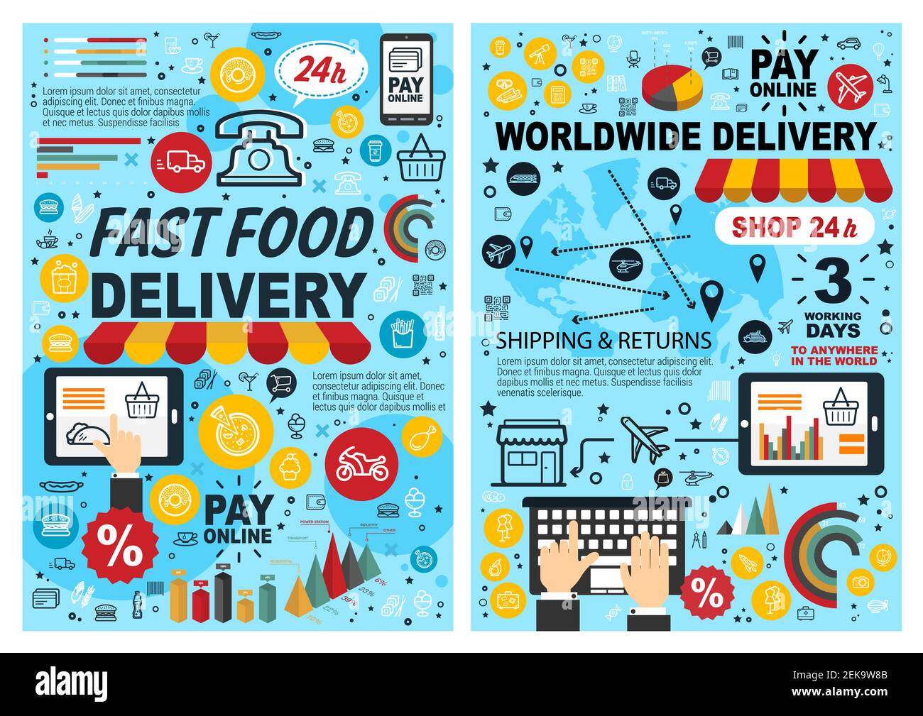 Cartel de arte de la línea de entrega de comida rápida en línea. Vector Internet fastfood restaurante o servicio de tienda de entrega en todo el mundo en el smartphone o tableta móvil, Sush Ilustración del Vector