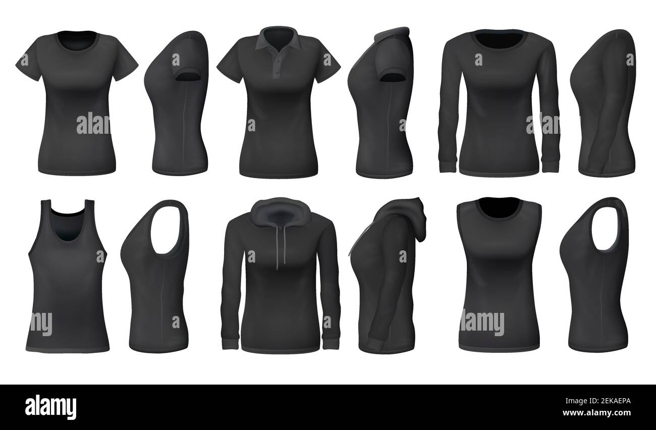 Ropa para mujer y ropa deportiva mociones de camisetas, camisetas de  tirantes deportivos y sudaderas con capucha. Vector negro ropa de mujer  polo informal o camiseta sin mangas realista Imagen Vector de