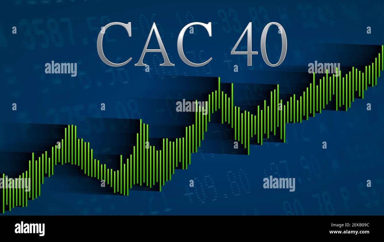 El índice de la bolsa francesa CAC 40 sigue aumentando. El gráfico de  barras ascendentes verde sobre un fondo azul con el título de plata indica  una Fotografía de stock - Alamy