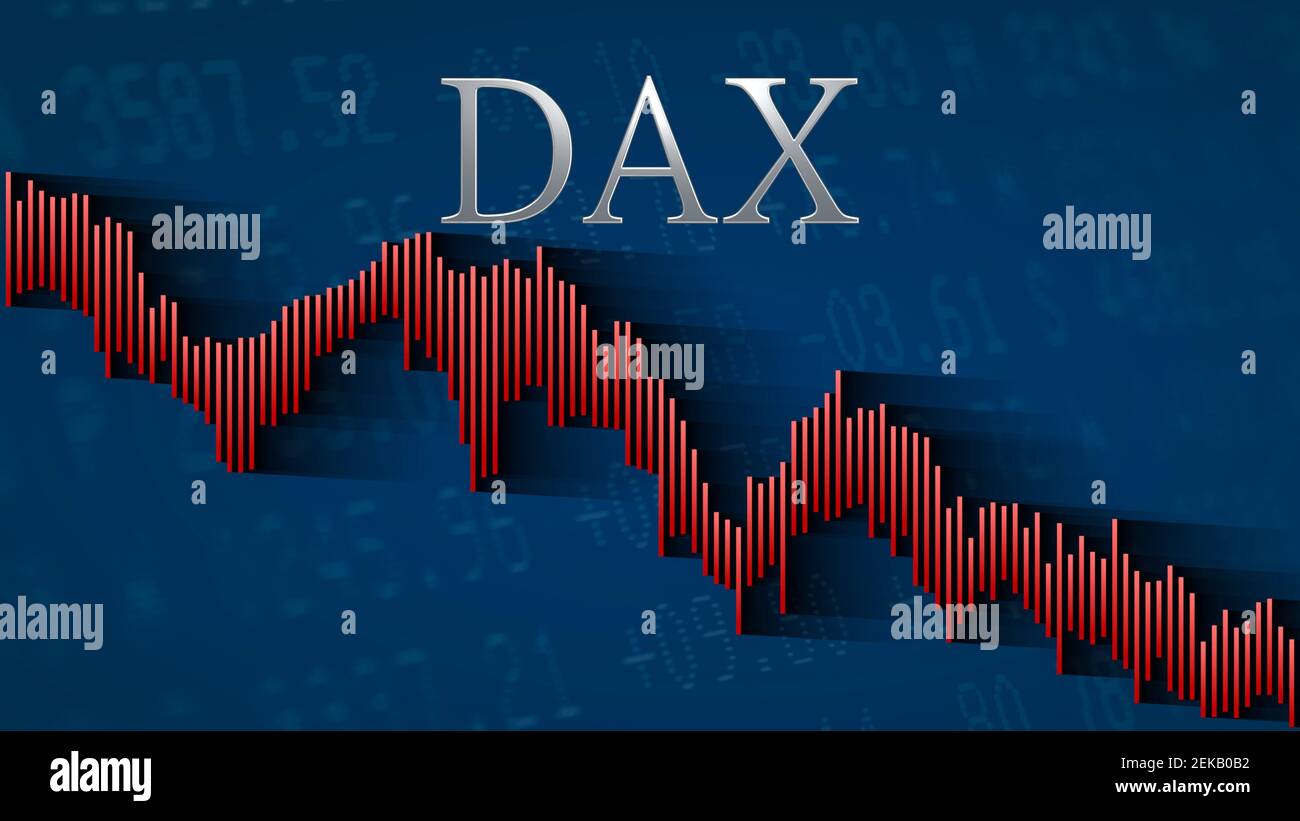 El índice alemán de la bolsa de valores de chip azul Dax sigue cayendo. El  gráfico de barras descendentes rojo sobre un fondo azul con el título de  plata indica Fotografía de