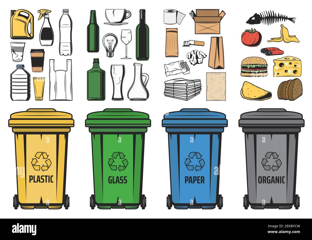 Ilustración Vectorial De Un Conjunto De Botes De Basura. Reciclaje De  Recolección De Separación De Basura Y Reciclaje Aislado Sobre Fondo Blanco.  Basura En Botes De Basura Con Iconos De Basura Clasificados.