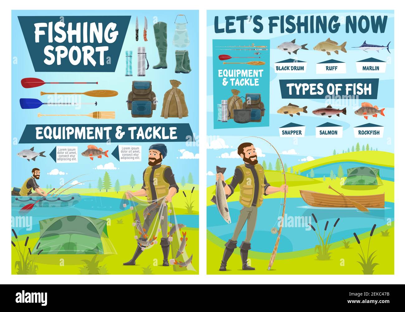 Equipo deportivo de pesca, pesca y pesca de aparejo carteles de vectores. Cartoon pesca de pescador y pescador con barco, red y caña, salmón, aguja azul Ilustración del Vector