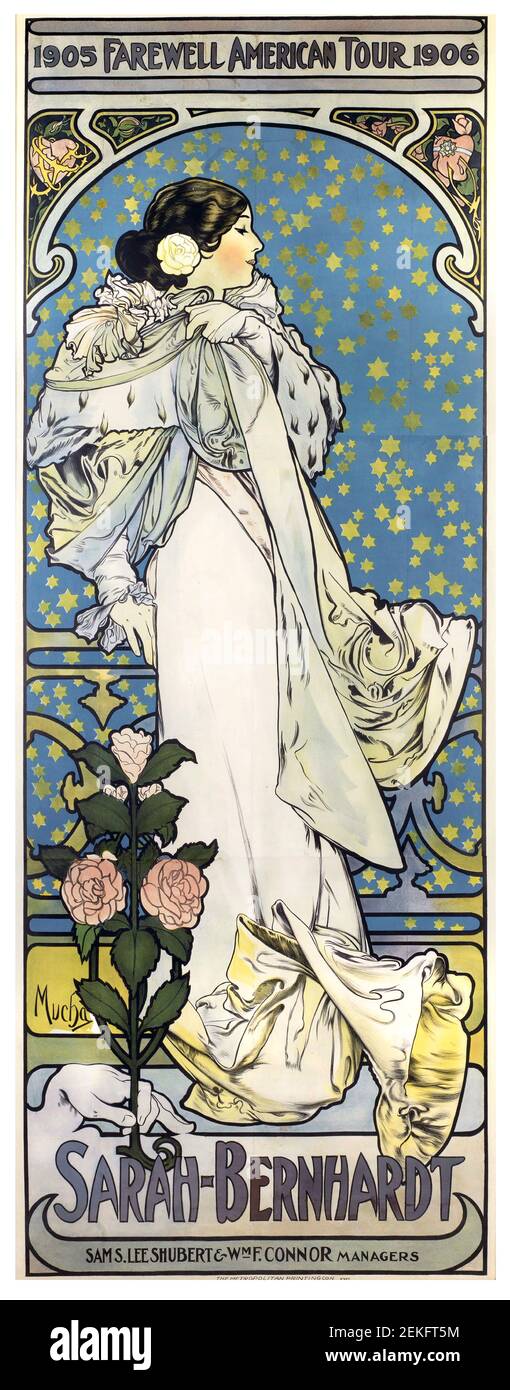 Alphonse Mucha, cartel publicitario de Sarah Bernhardt, Despedida American Tour, 1905. Alfons Maria Mucha (1860 -1939) fue una pintora, ilustradora y artista gráfico de estilo Art Nouveau checo, Foto de stock