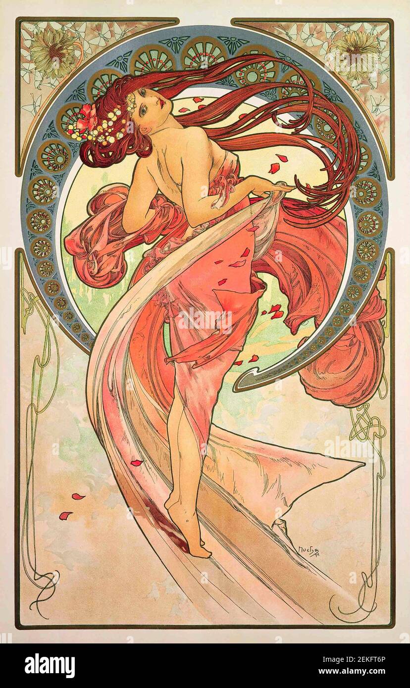 Alphonse Mucha, 'The Arts - Dance', litografía a color impresa en satén, 1899. Alfons Maria Mucha (1860 -1939) fue una pintora, ilustradora y artista gráfico de estilo Art Nouveau checo, Foto de stock