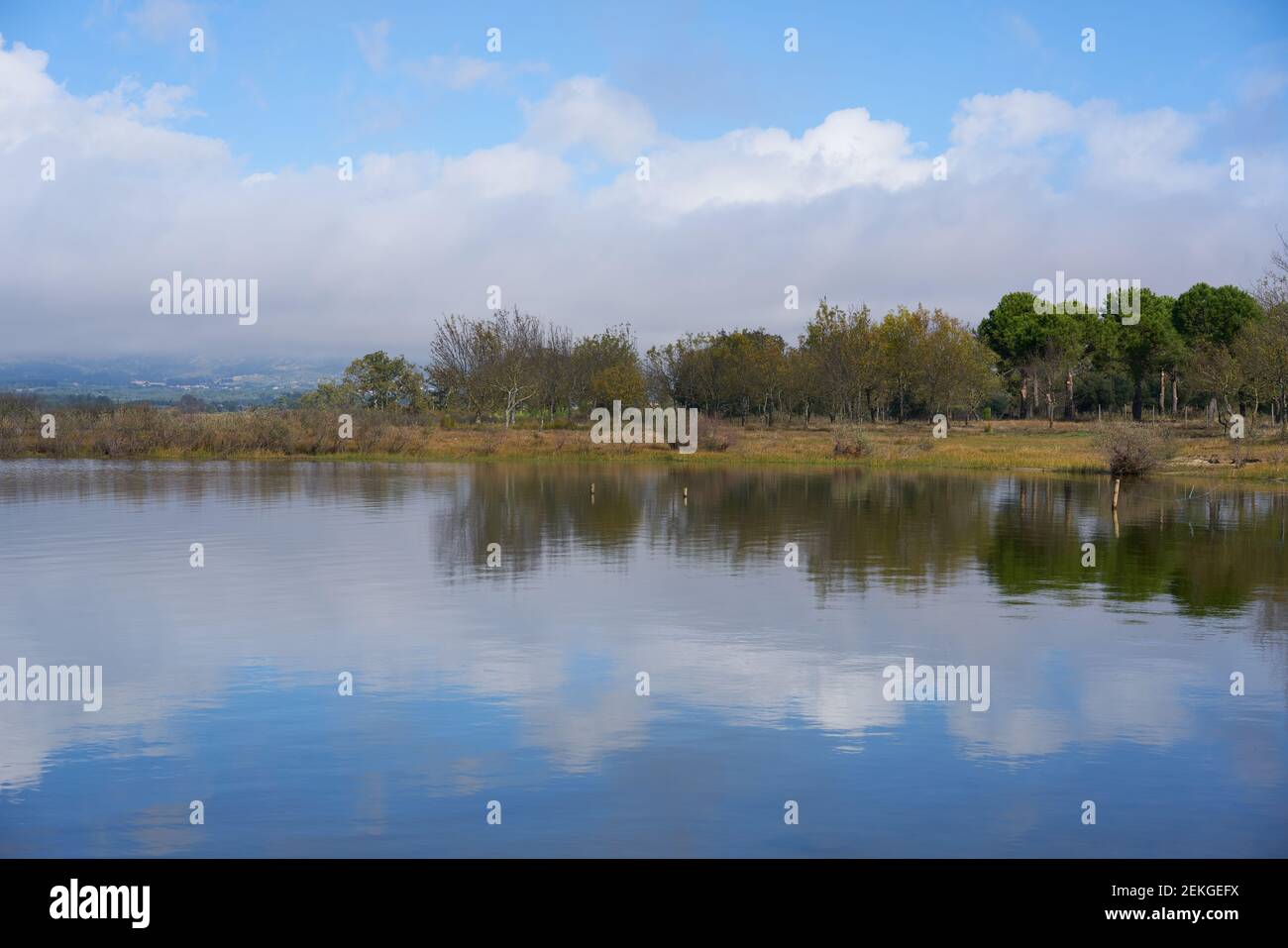 Paisaje de la presa del lago con reflejo de las montañas y los árboles de Gardunha En un día nublado en la presa de Santa Agueda Marateca en Portugal Foto de stock