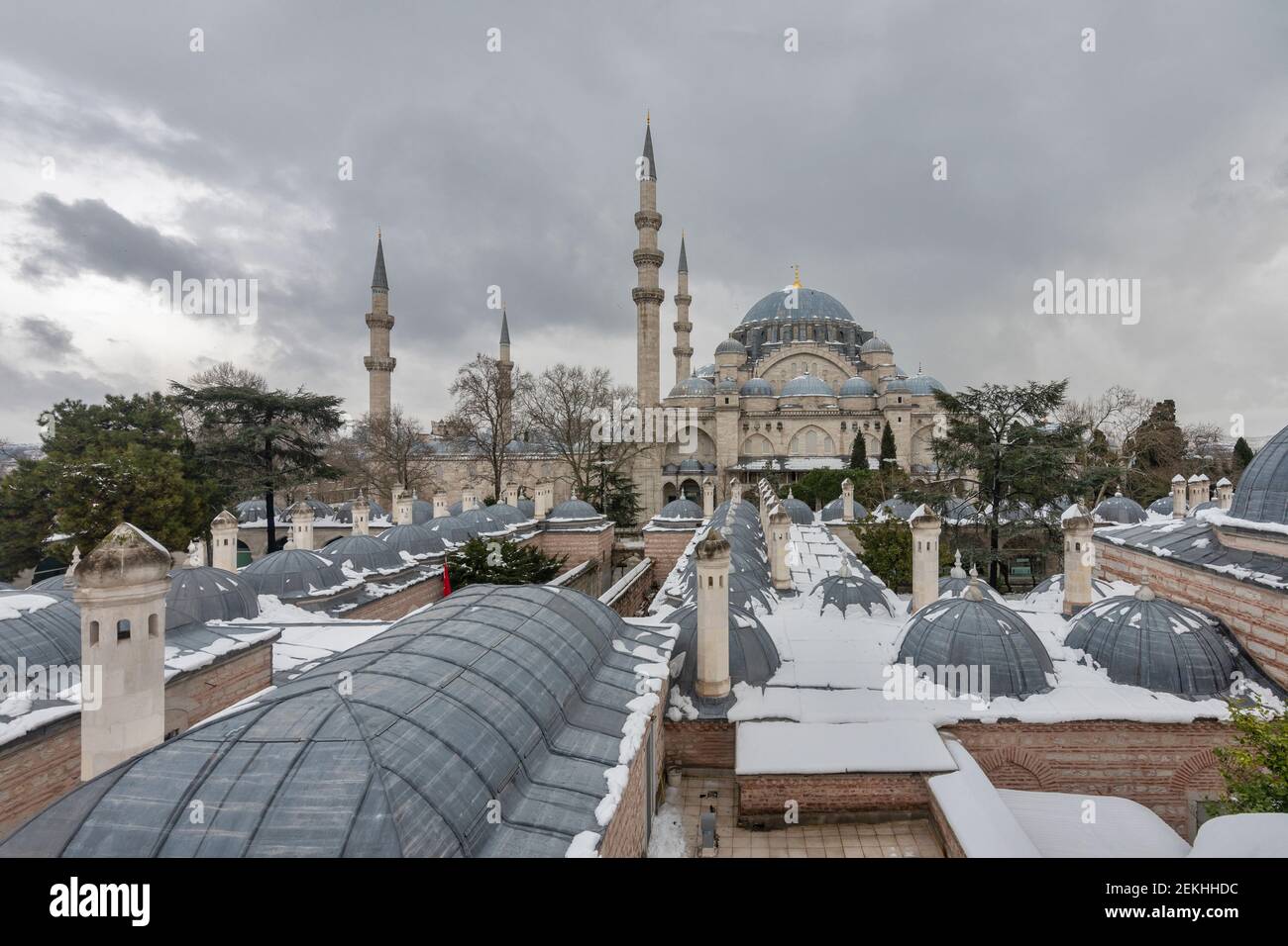 El complejo de la mezquita de Suleymaniye en invierno en el distrito de Fatih de Estambul, Turquía Foto de stock