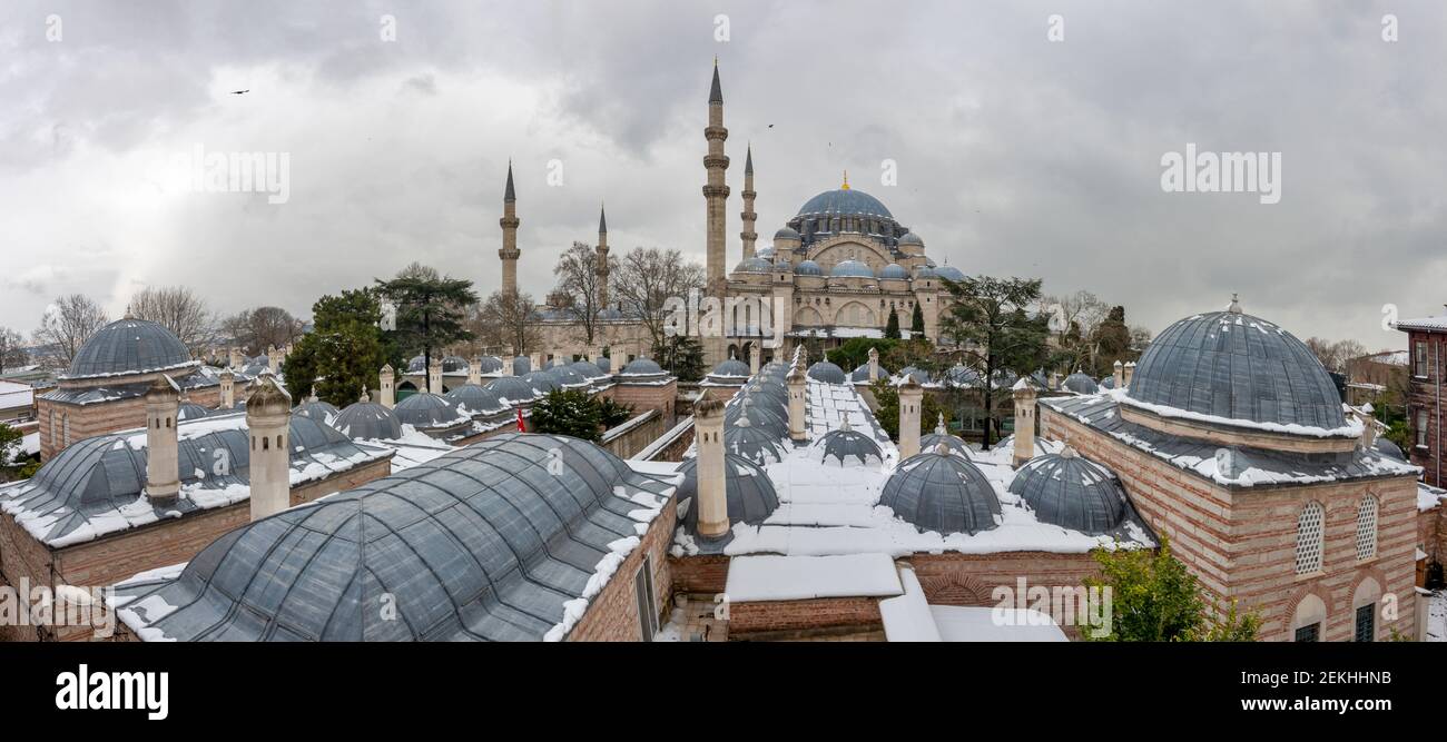 El complejo de la mezquita de Suleymaniye en invierno en el distrito de Fatih de Estambul, Turquía Foto de stock