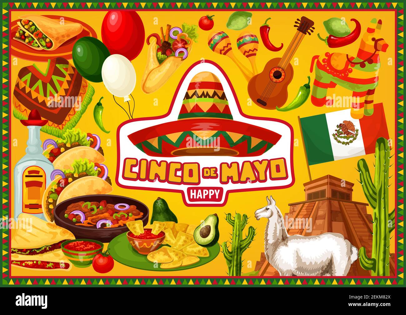 Feliz cinco de Mayo, México 5 de mayo fiesta. Símbolos de la decoración del  partido vector y alimento del cinco de Mayo, lama en la pirámide azteca,  nachos en guacamol Imagen Vector