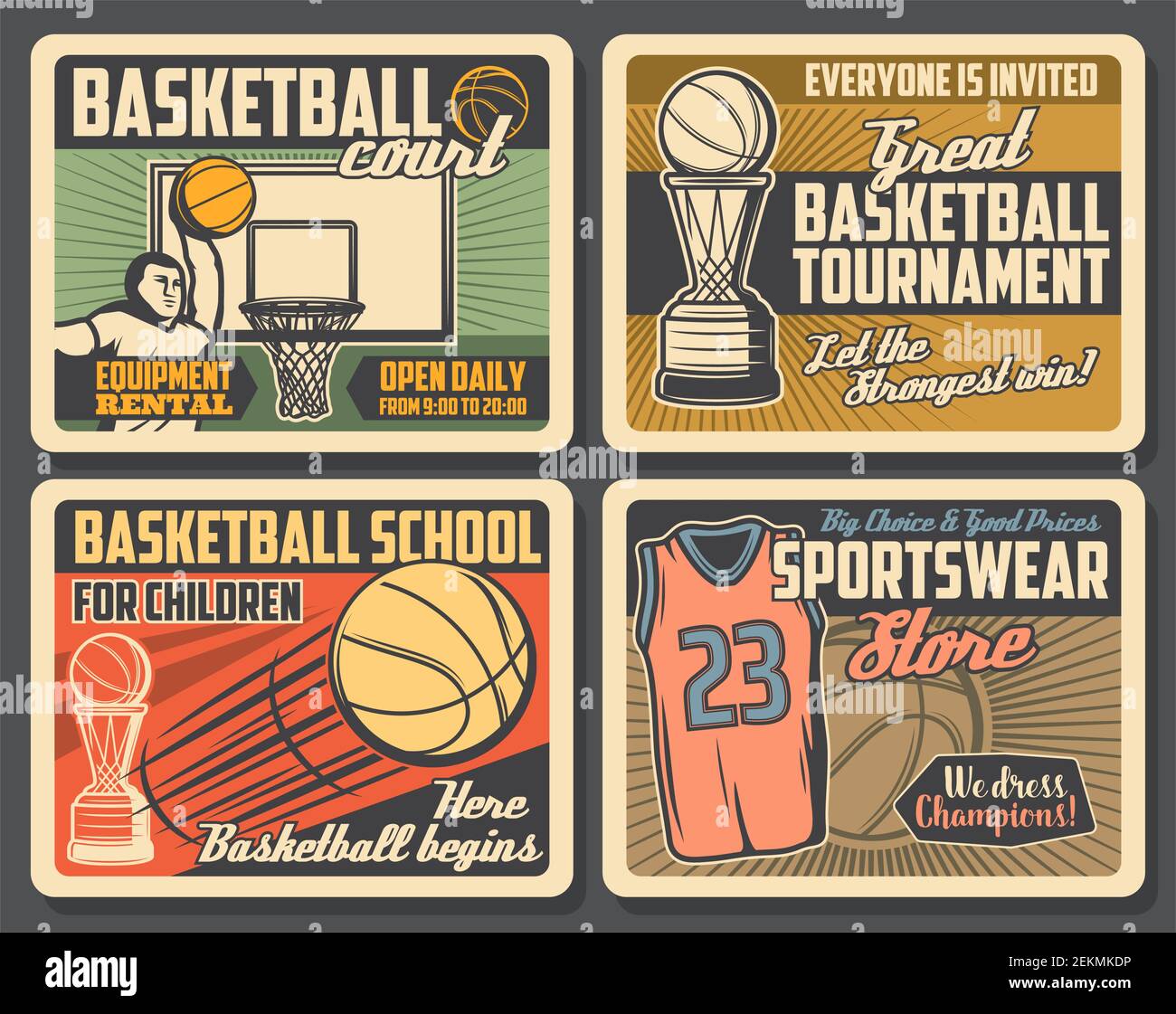 Anuncios retro de baloncesto de club deportivo, tienda de ropa deportiva,  escuela y cancha. Vector. Jugador lanzando pelota, trofeo en torneo  deportivo, juego de equipo. Actuar Imagen Vector de stock - Alamy