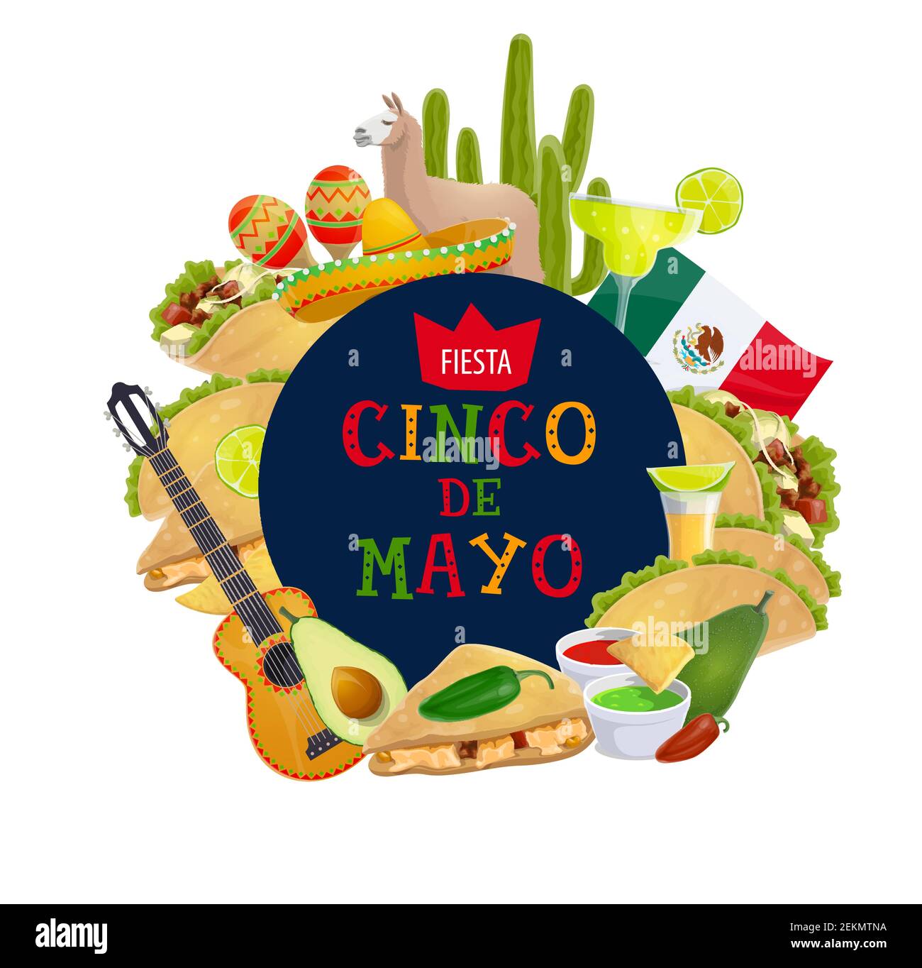 Cinco de Mayo Fiesta tradicional de México y fiesta del 5 de mayo. Vector  cinco de Mayo comida y símbolos de la fiesta, guitarra con tequila cal y  tacos Imagen Vector de