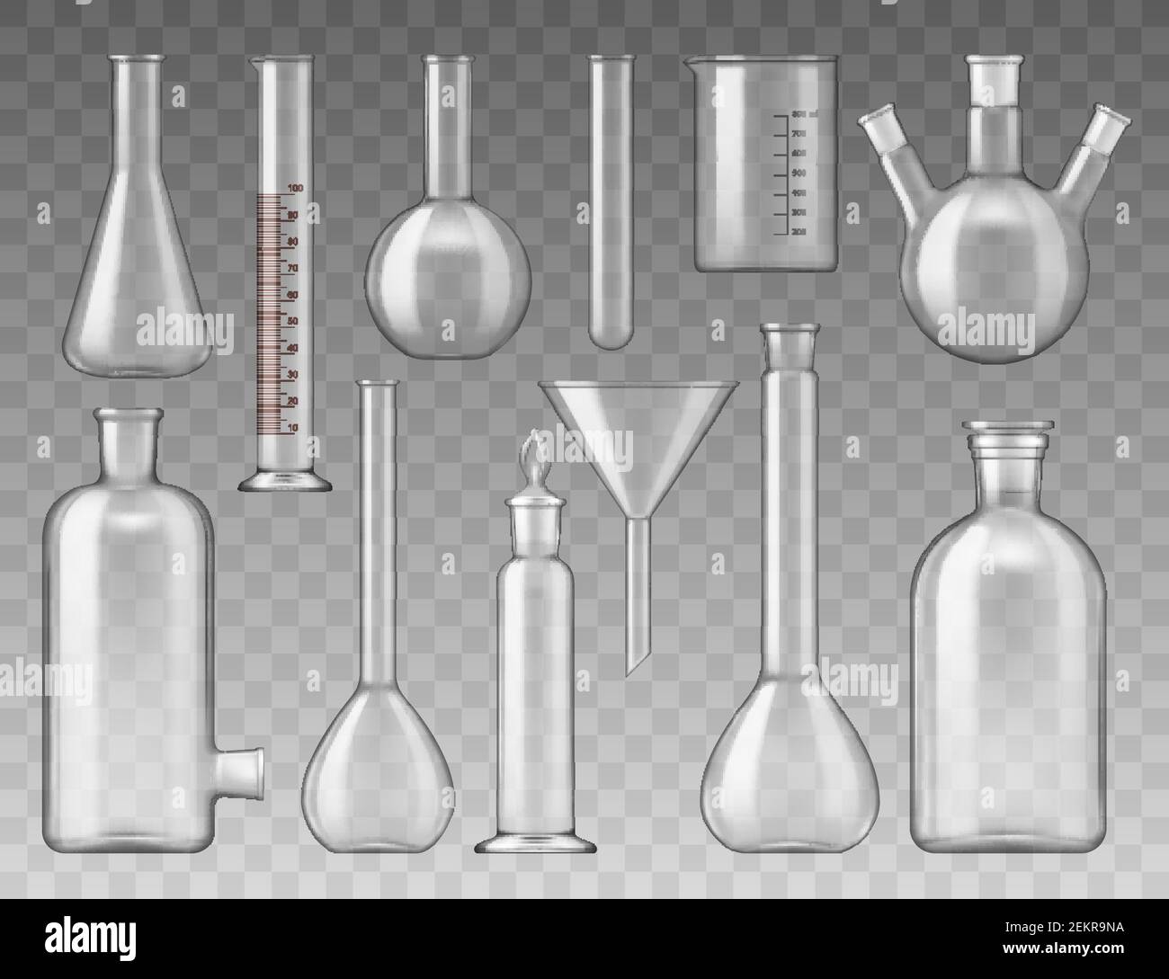 Química vectorial, frascos y recipientes de vidrio para laboratorio médico  y farmacéutico, tubos de ensayo, matraces y embudos. Objetos de vidrio  aislados Imagen Vector de stock - Alamy