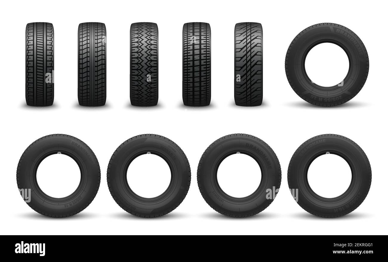 Neumático de coche en vector, vistas laterales delanteras. Los neumáticos  para vehículos Vector, componente redondo alrededor de la llanta de la rueda,  proporcionan tracción en la superficie. Rueda de goma de transporte,