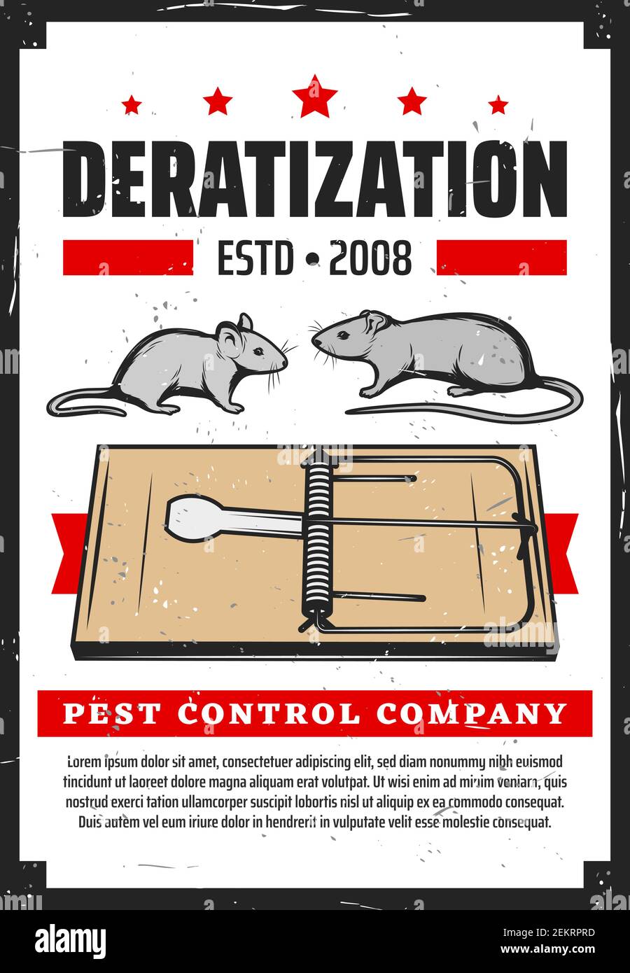 Servicio de control de plagas, deratización y exterminio de roedores. Vector ratas domésticas y de oficina exterminio, mousetraps higiene sanitaria limpia Imagen Vector de stock -