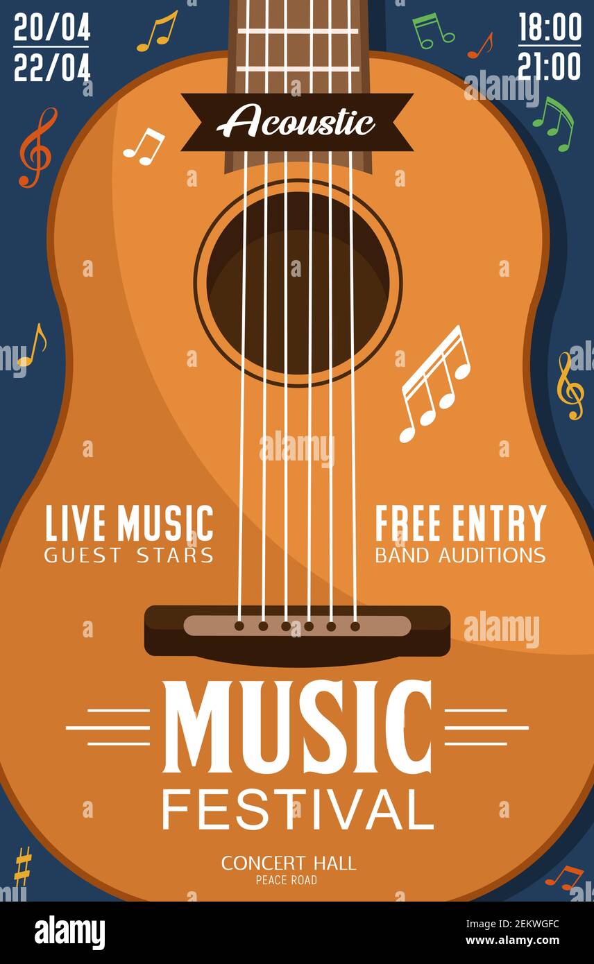 Invitación al festival de música, primer plano de la guitarra acústica,  concierto de música en vivo. Instrumento de cuerda vectorial y bandas de  audición, tocar en guitarra profesional Imagen Vector de stock -