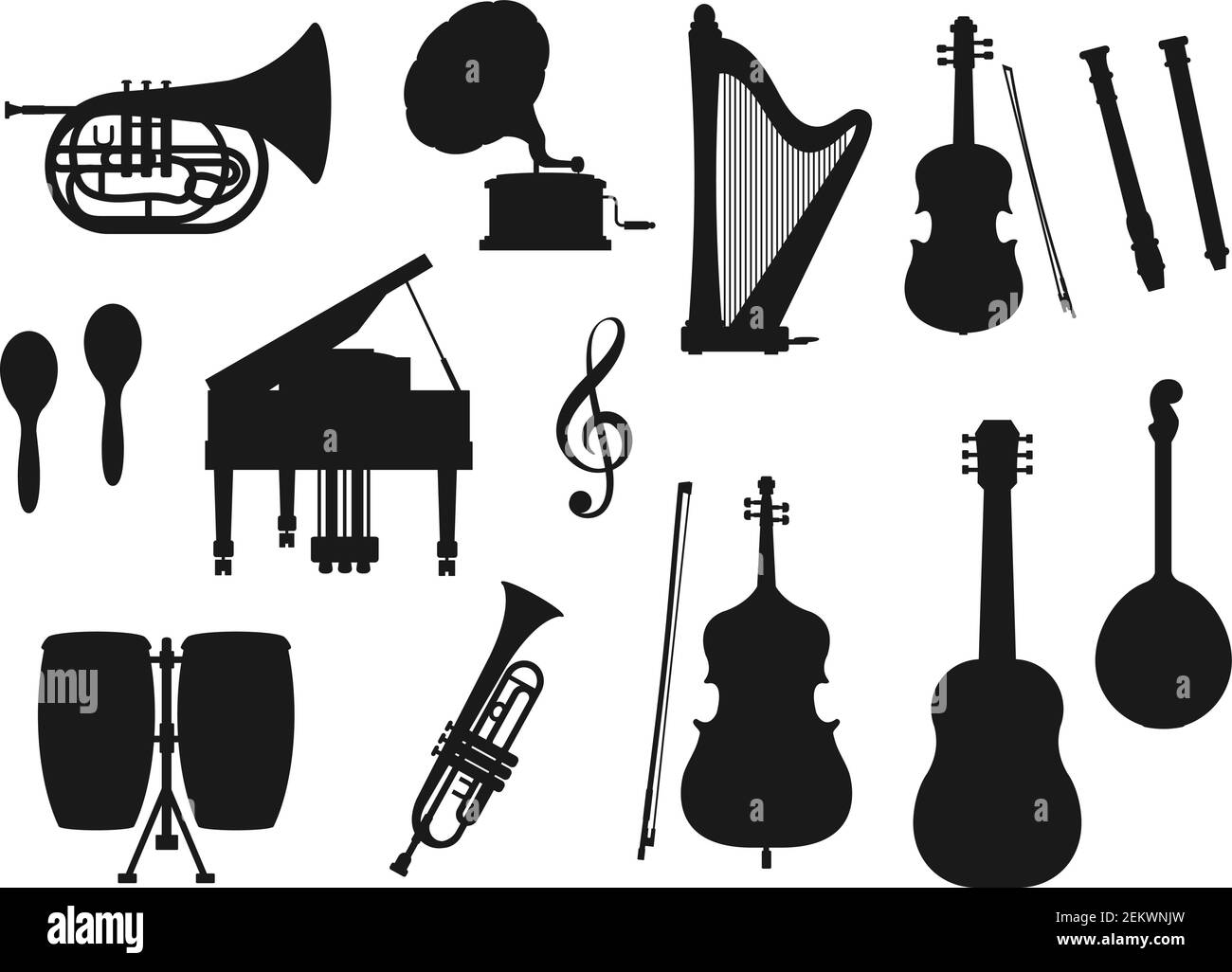 Instrumentos musicales iconos monocromos aislados. Vector clásico, jazz y  música popular herramientas. Tambor y violín retro, piano y trompeta,  maracas y cuerno. G Imagen Vector de stock - Alamy
