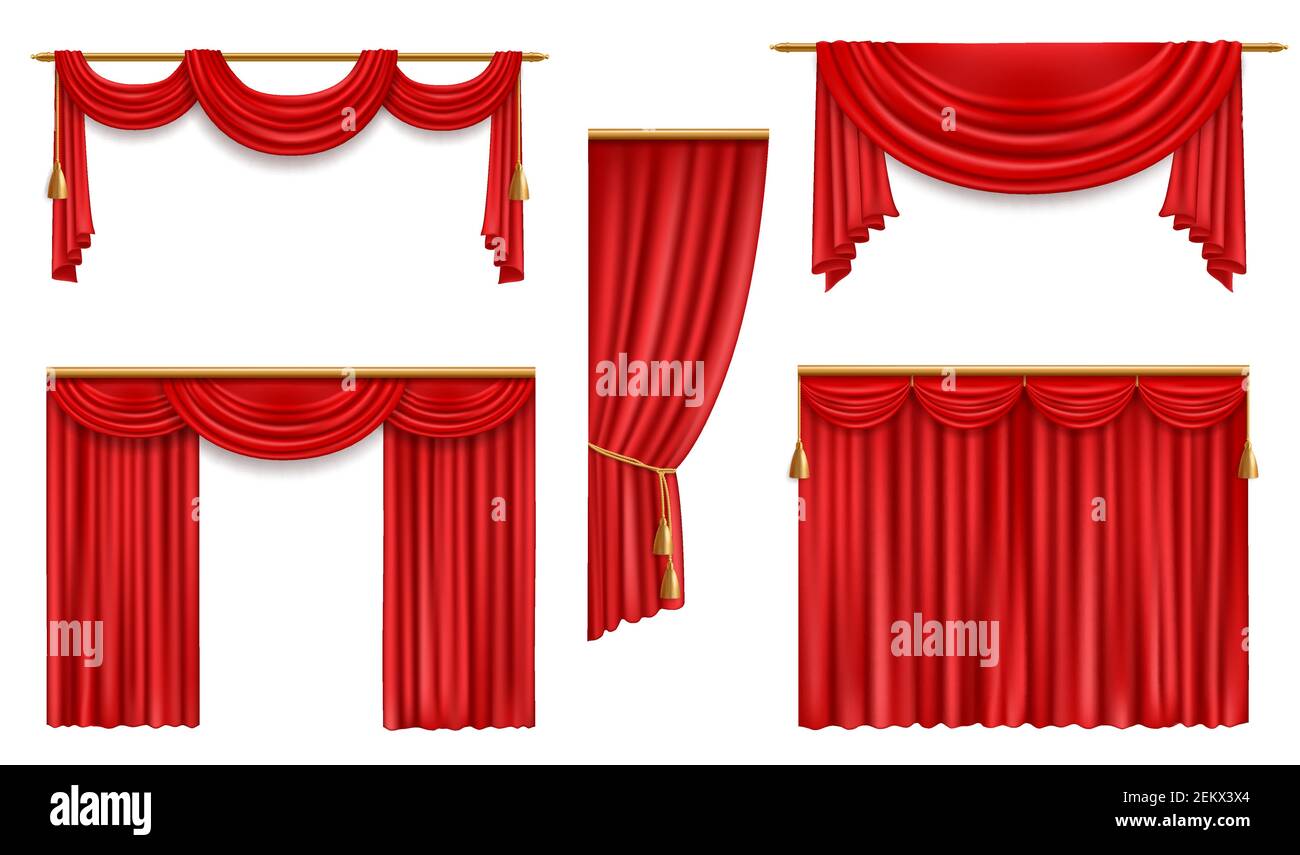 Cortinas realistas, tela doblada roja vectorial 3d con borlas de oro y  pelmet para la decoración de ventanas o teatro. Tela de lujo seda o tela de  terciopelo Imagen Vector de stock -