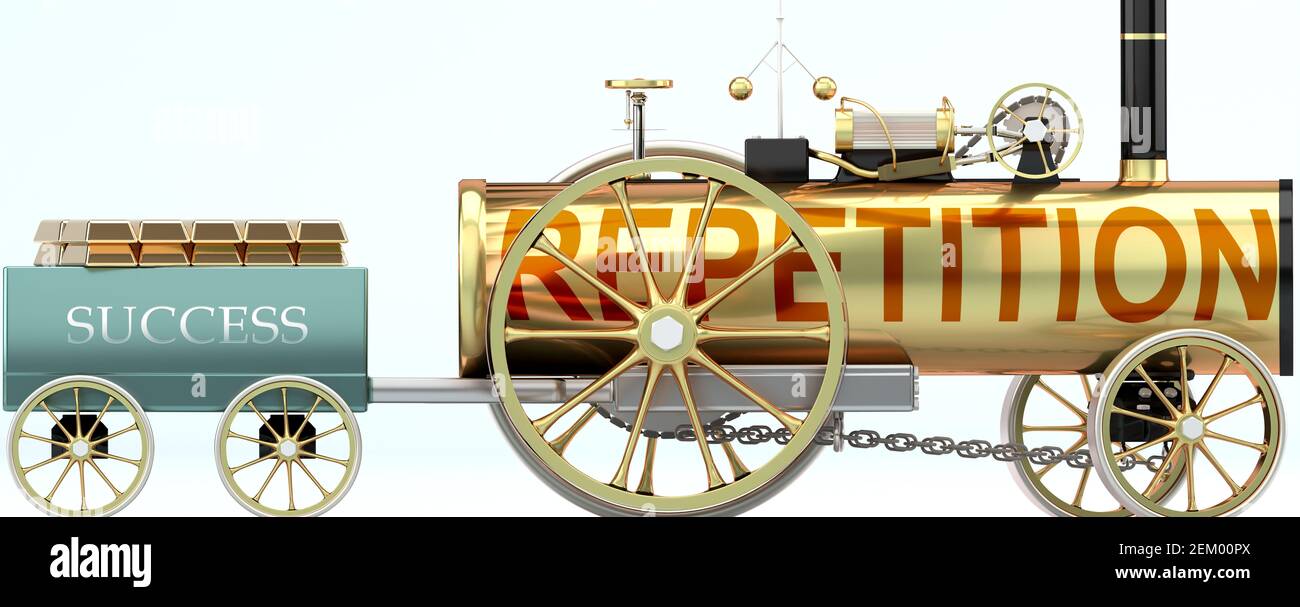 Repetición y éxito - simbolizado por un coche de vapor tirando un carro de éxito cargado de barras de oro para demostrar eso La repetición es esencial para la prosperidad a. Foto de stock