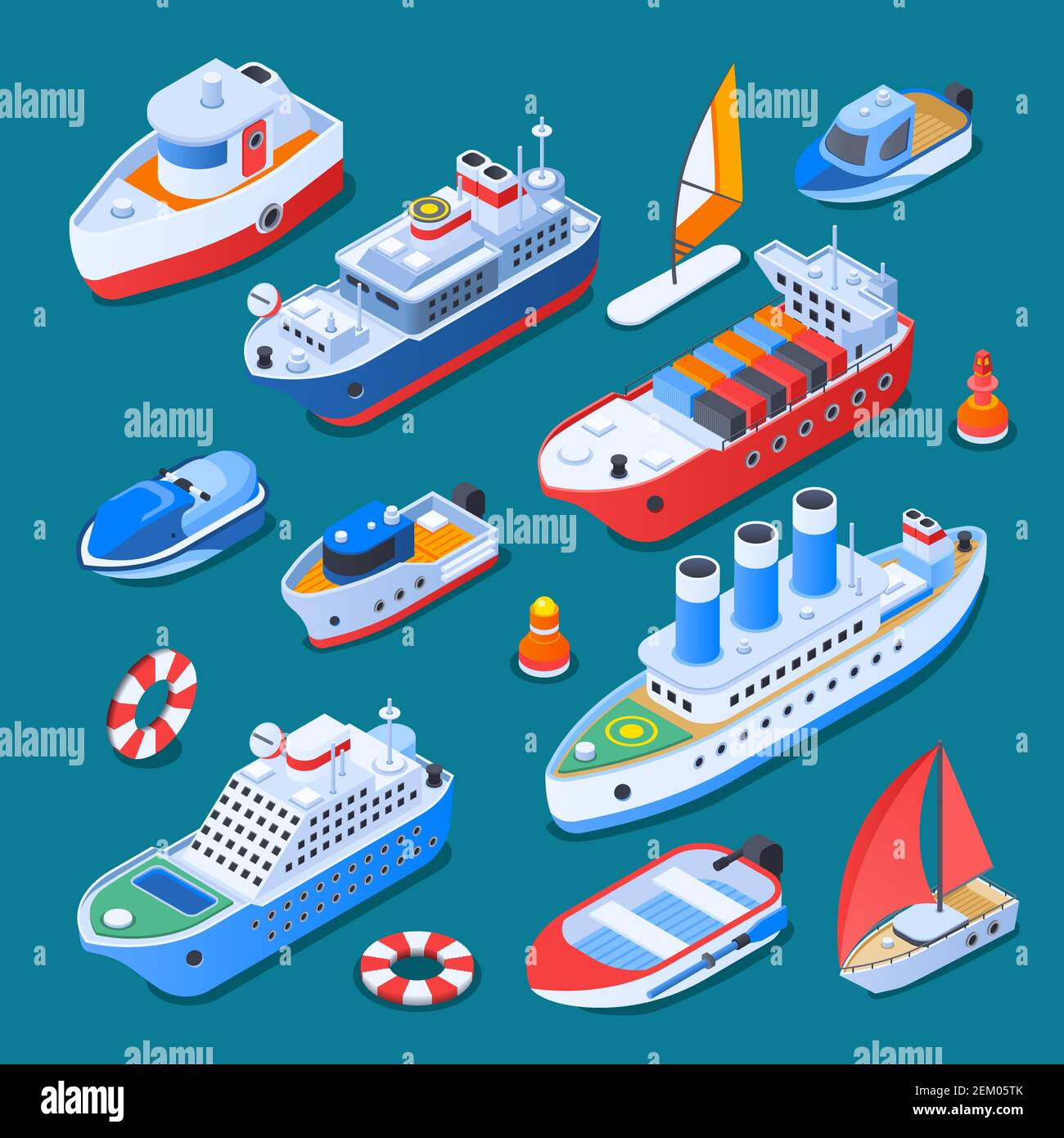 Barcos que incluyen barcos de vela, ferry, crucero, remolcador, pequeñas artesanías, iconos isométricos aislados en la ilustración vectorial de fondo turquesa Ilustración del Vector