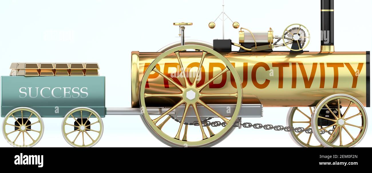 Productividad y éxito - simbolizado por un coche de vapor tirando un carro de éxito cargado de barras de oro para demostrar eso La productividad es esencial para prosperi Foto de stock