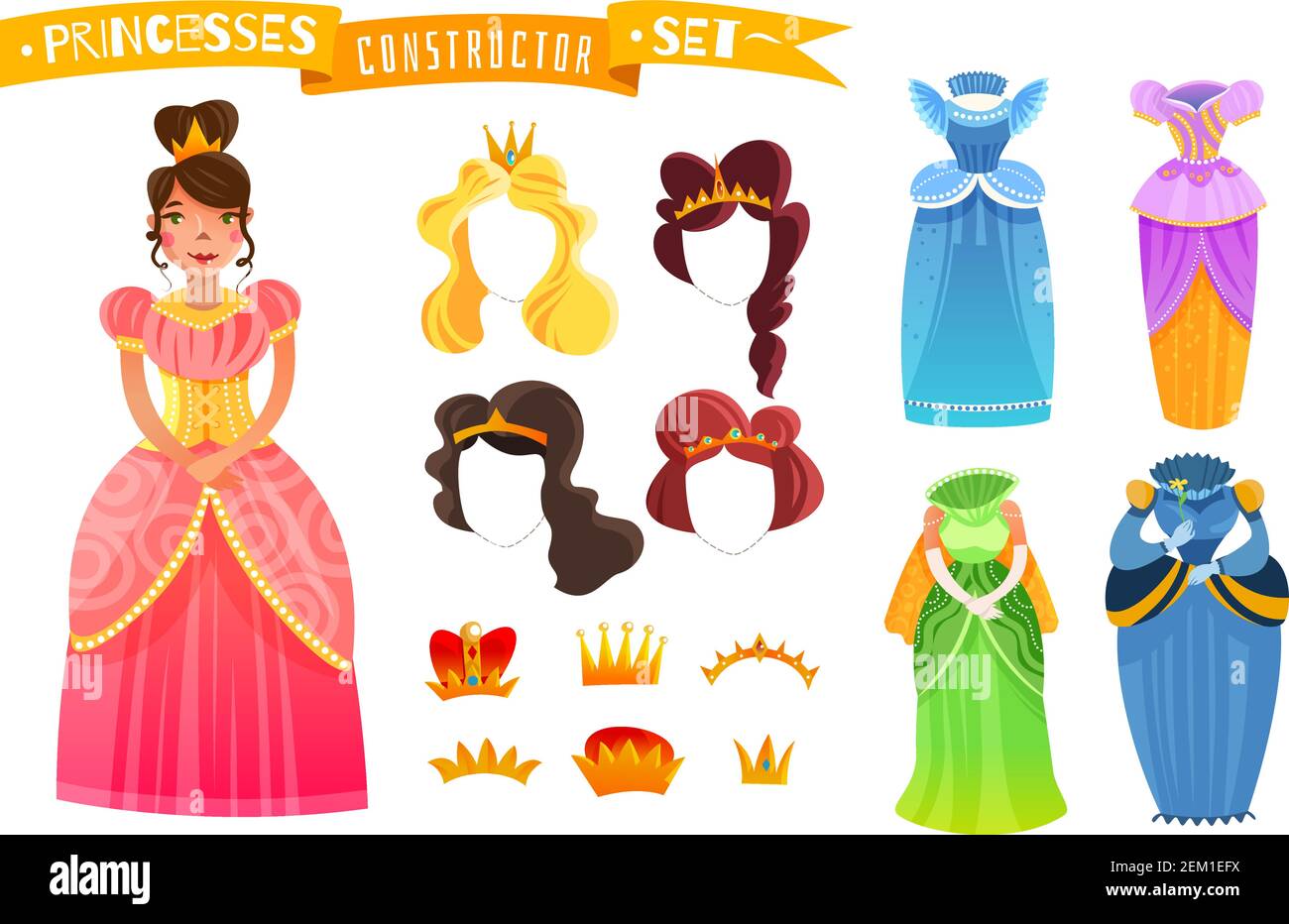 Princesas constructor conjunto con elementos aislados de colores de la ropa  de pelo y coronas dibujos animados vector ilustración Imagen Vector de  stock - Alamy