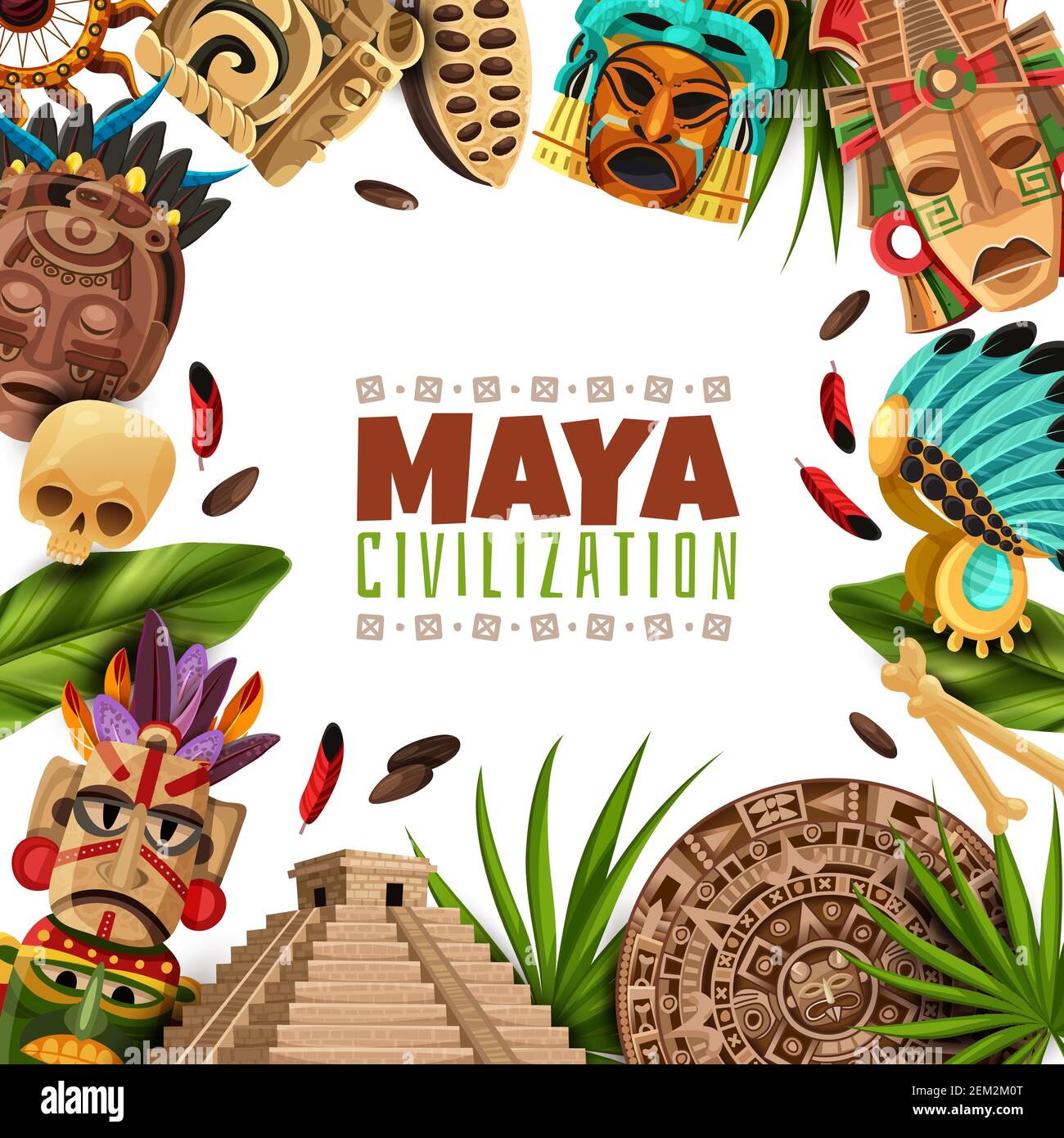 Cuadro de dibujos animados de la civilización maya con la pirámide chichén  itzá Calendario maya máscaras y accesorios de la antigua ilustración  vectorial de aztecas Imagen Vector de stock - Alamy