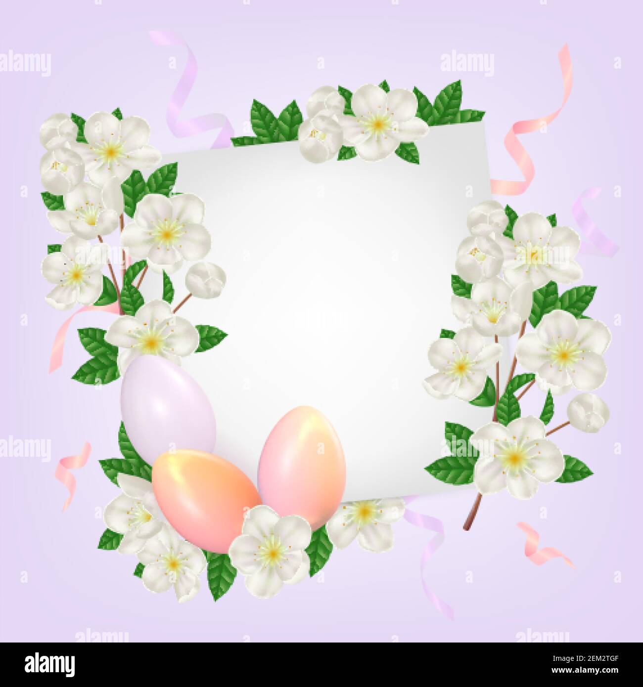 Primavera de Pascua de fondo con huevos de pascua y flores de cerezos  realistas. Plantilla para tarjeta de invitación, banner, póster Imagen  Vector de stock - Alamy