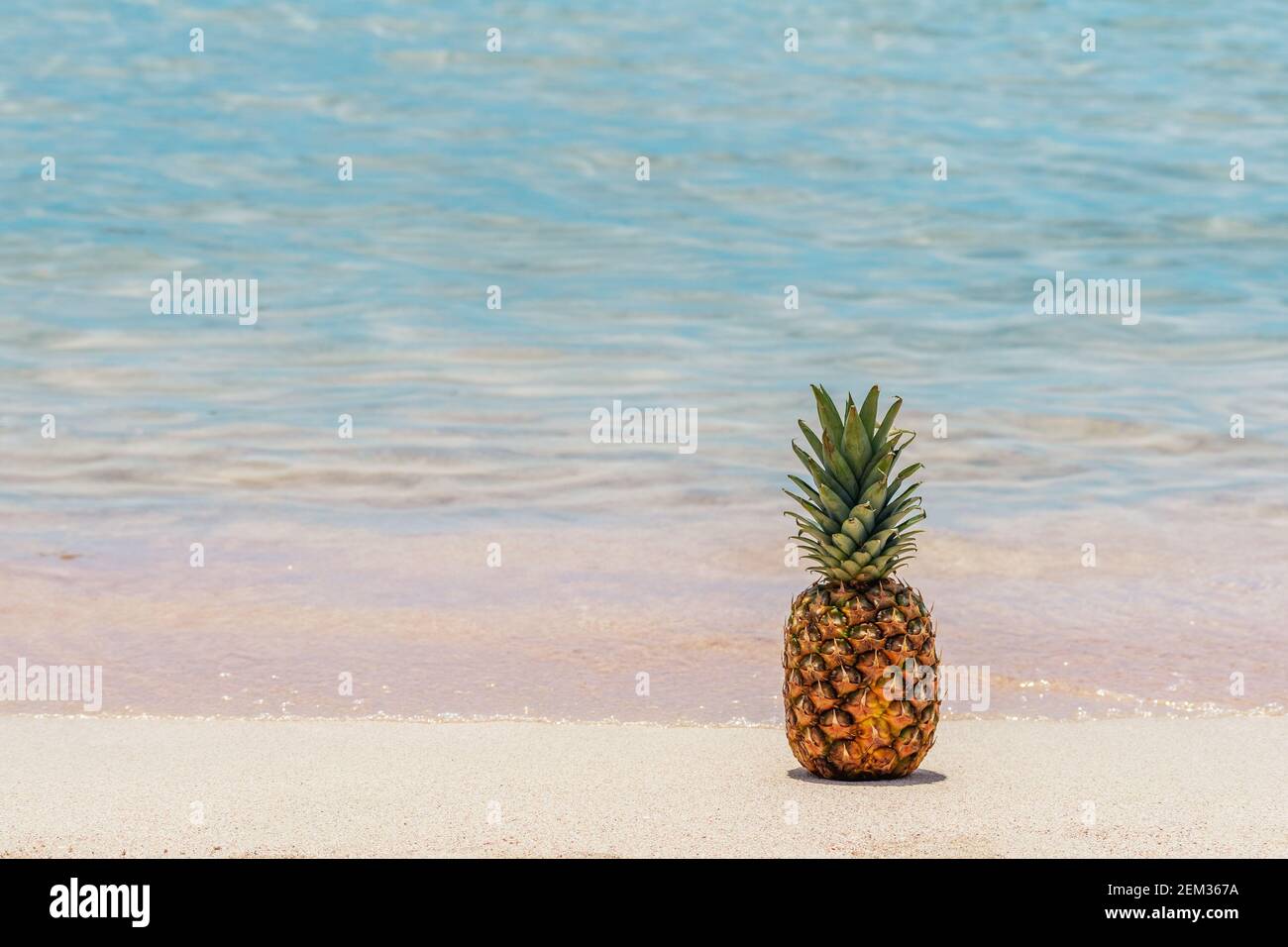 Fondo de verano con piña en una playa tropical. Vacaciones y viaje concepto. Foto de stock