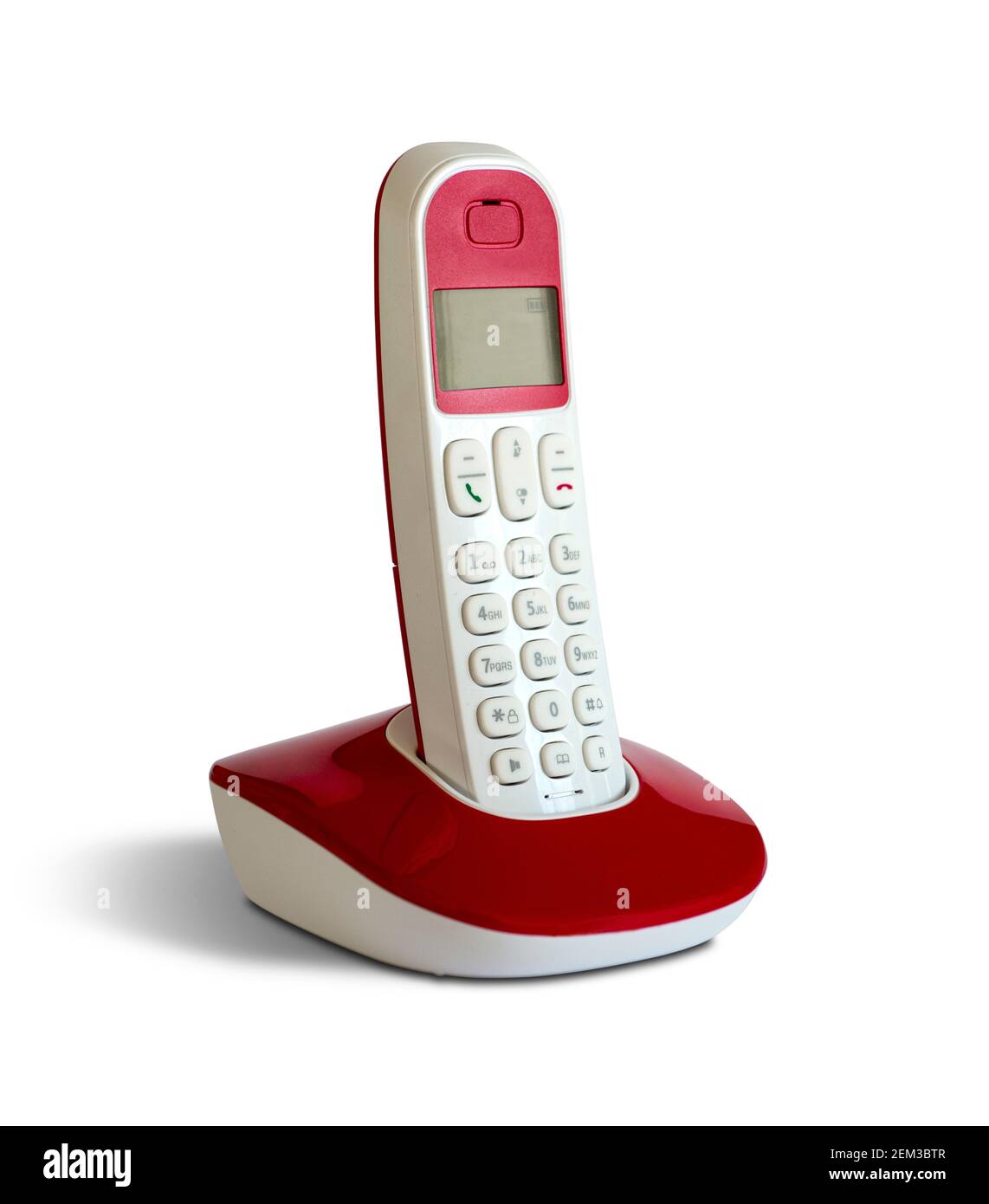 Teléfono dect blanco rojo aislado sobre fondo blanco Foto de stock