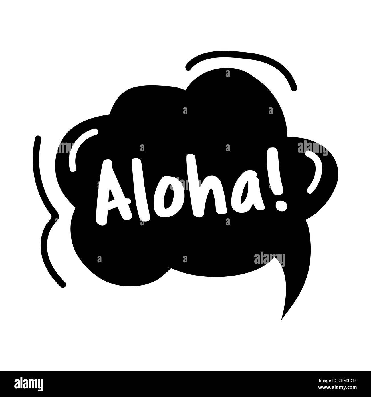 Texto Hola, en Hawaiian Aloha. Frases de conversación de burbujas. Burbujas  de habla de fideos dibujadas a mano. Burbujas de pensamiento negro.  Ilustración vectorial estilo de fideos Imagen Vector de stock -