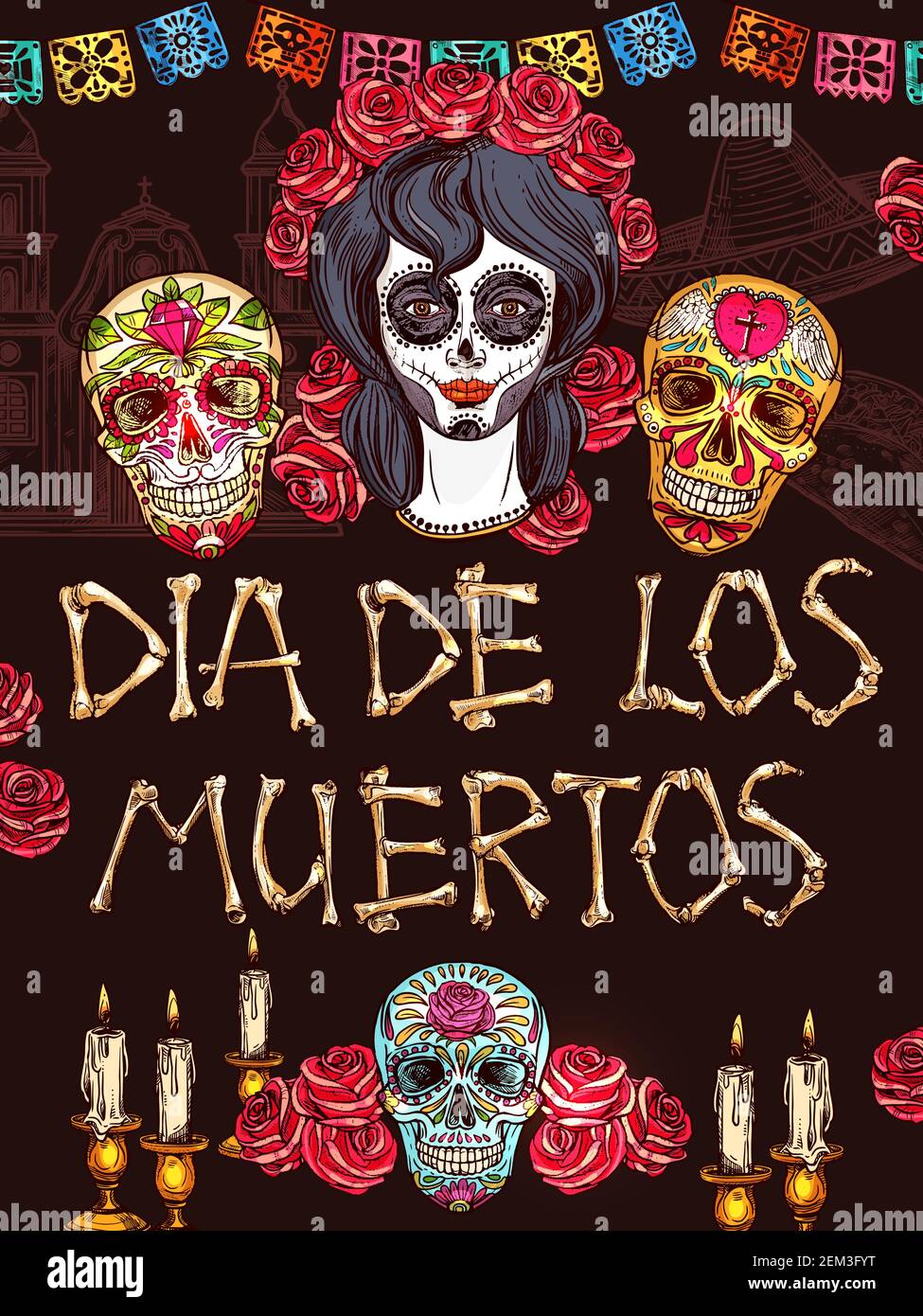 Dia de los muertos Cartel bosquejo tradicional mexicano de vacaciones con  cráneos de calavera y guirnalda de papel picado con papel. Vector dia de  muertos esqueleto huesos Imagen Vector de stock -