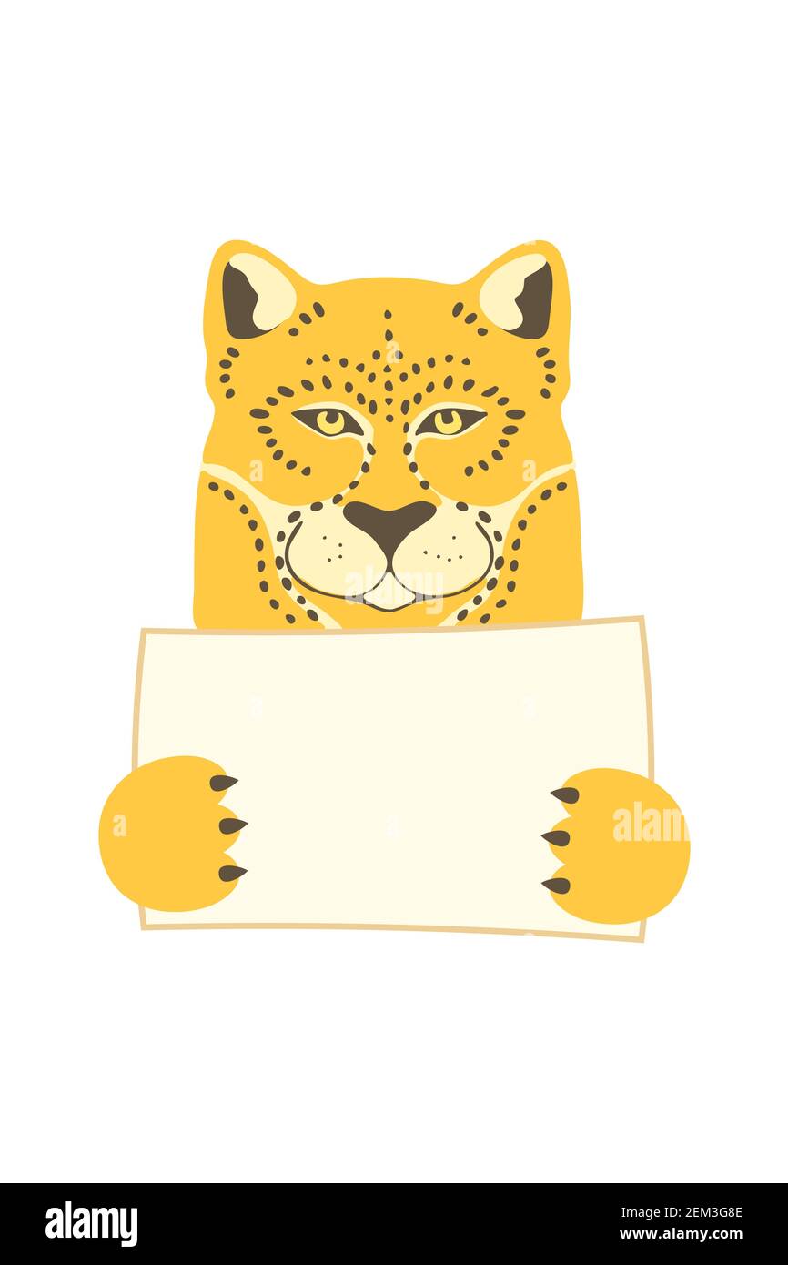 Lindo gato de dibujos animados puma lynx sosteniendo etiqueta con espacio de copia. Fijar tarjeta de banner invitación folleto. animados de estilo dibujado a mano. Encendido Imagen Vector de