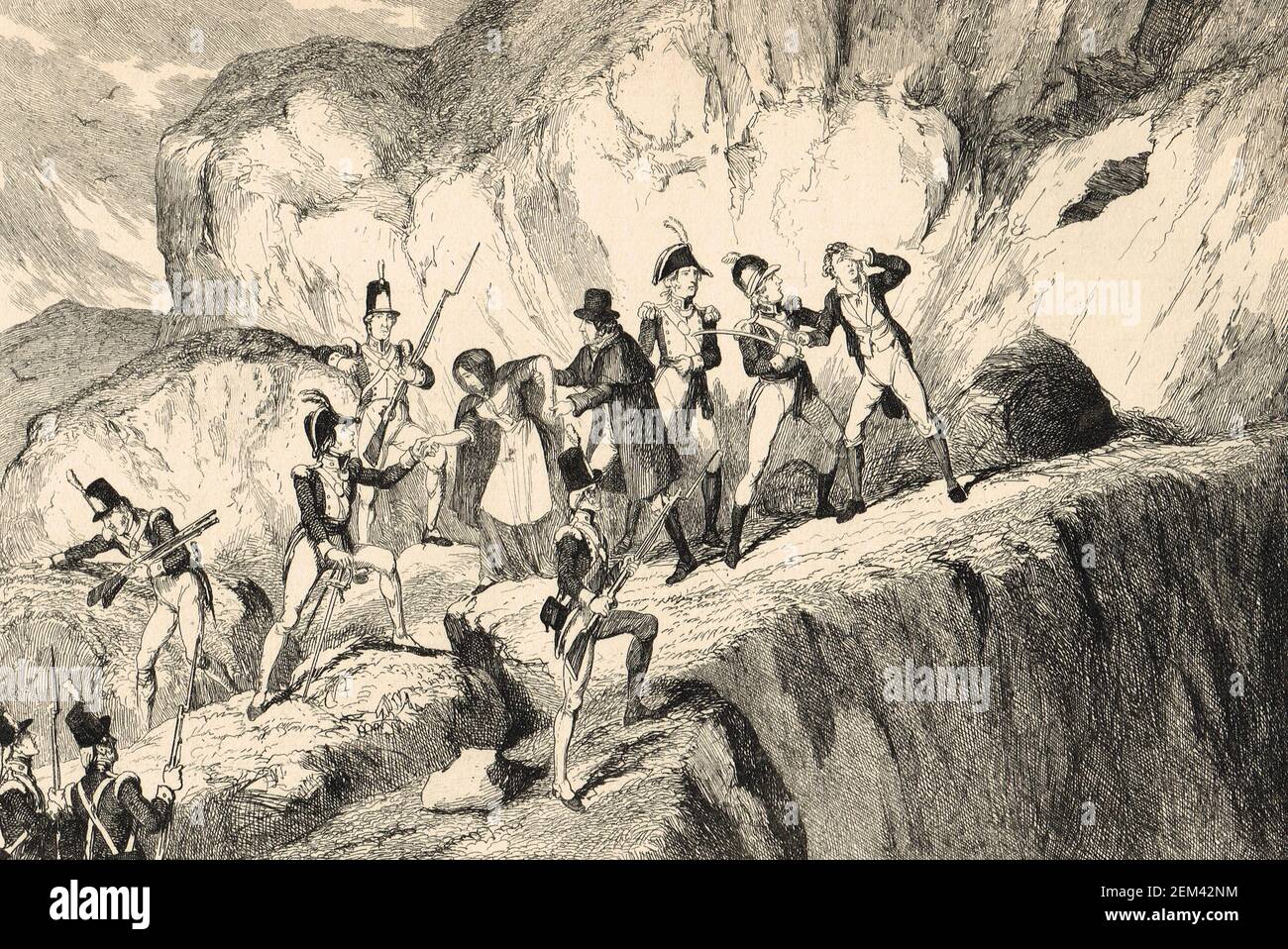 La captura de Bagnal Harvey y John Henry Colclough, disfrazado de campesinos, Islas Saltee, Wexford, durante la rebelión irlandesa de 1798. Posteriormente fueron ahorcados en el puente de Wexford el 28 de junio de 1798 Foto de stock