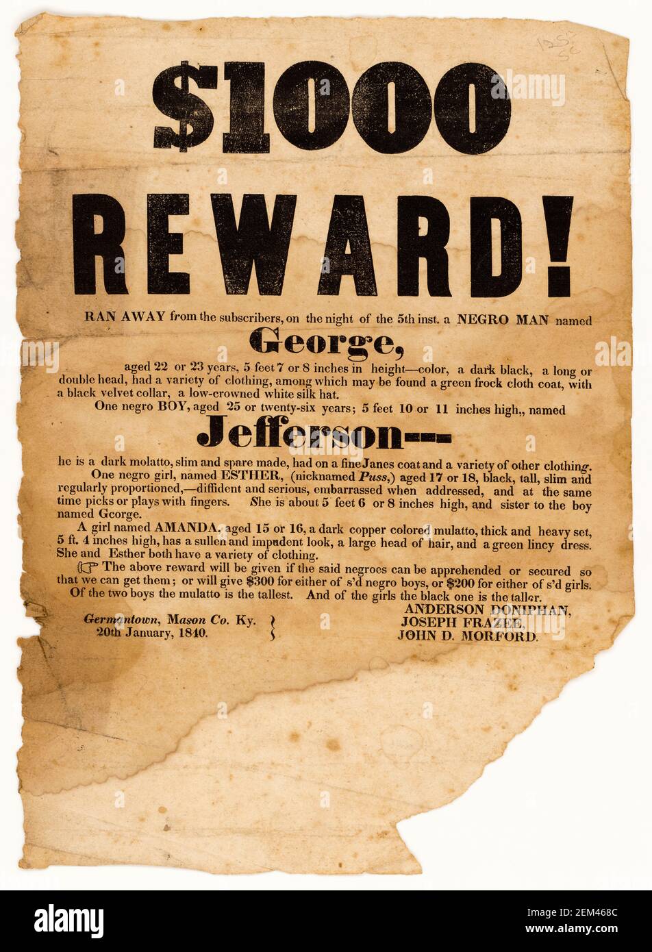 Cartel ofreciendo una recompensa monetaria para esclavos fugitivos que han escapado, Kentucky USA, 1840 Foto de stock