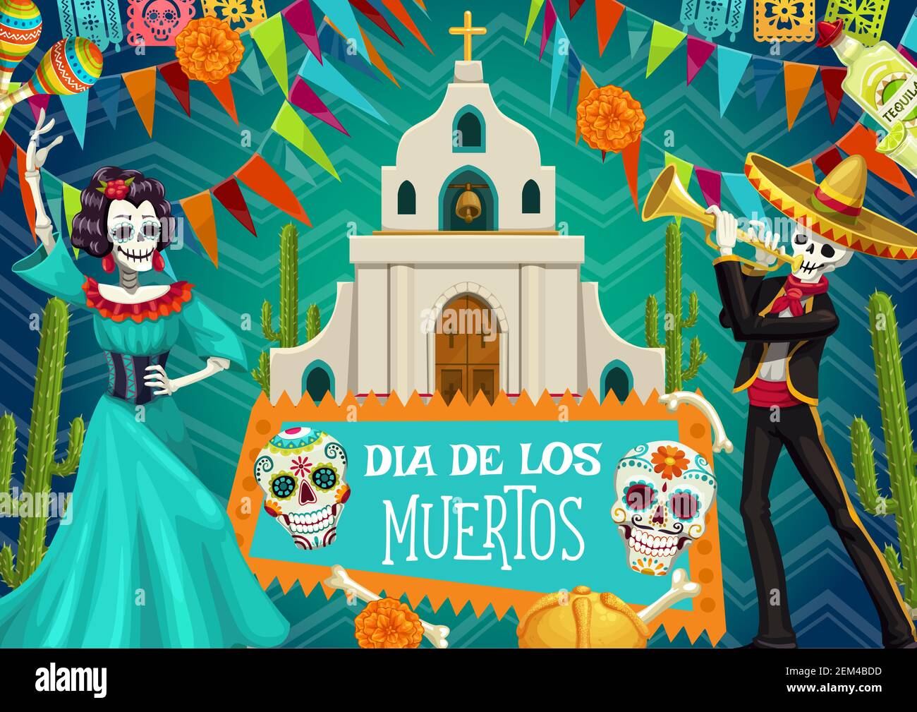 Día de muertos Fiesta mexicana, cartel de Dia de los muertos. Vector muerto hombre y mujer esqueletos bailando, en la iglesia con la cruz, huesos de esqueleto y calavera s Imagen Vector Día de muertos Fiesta mexicana, cartel de Dia de los muertos. Vector muerto hombre y mujer esqueletos bailando, en la iglesia con la cruz, huesos de esqueleto y calavera s Imagen Vector