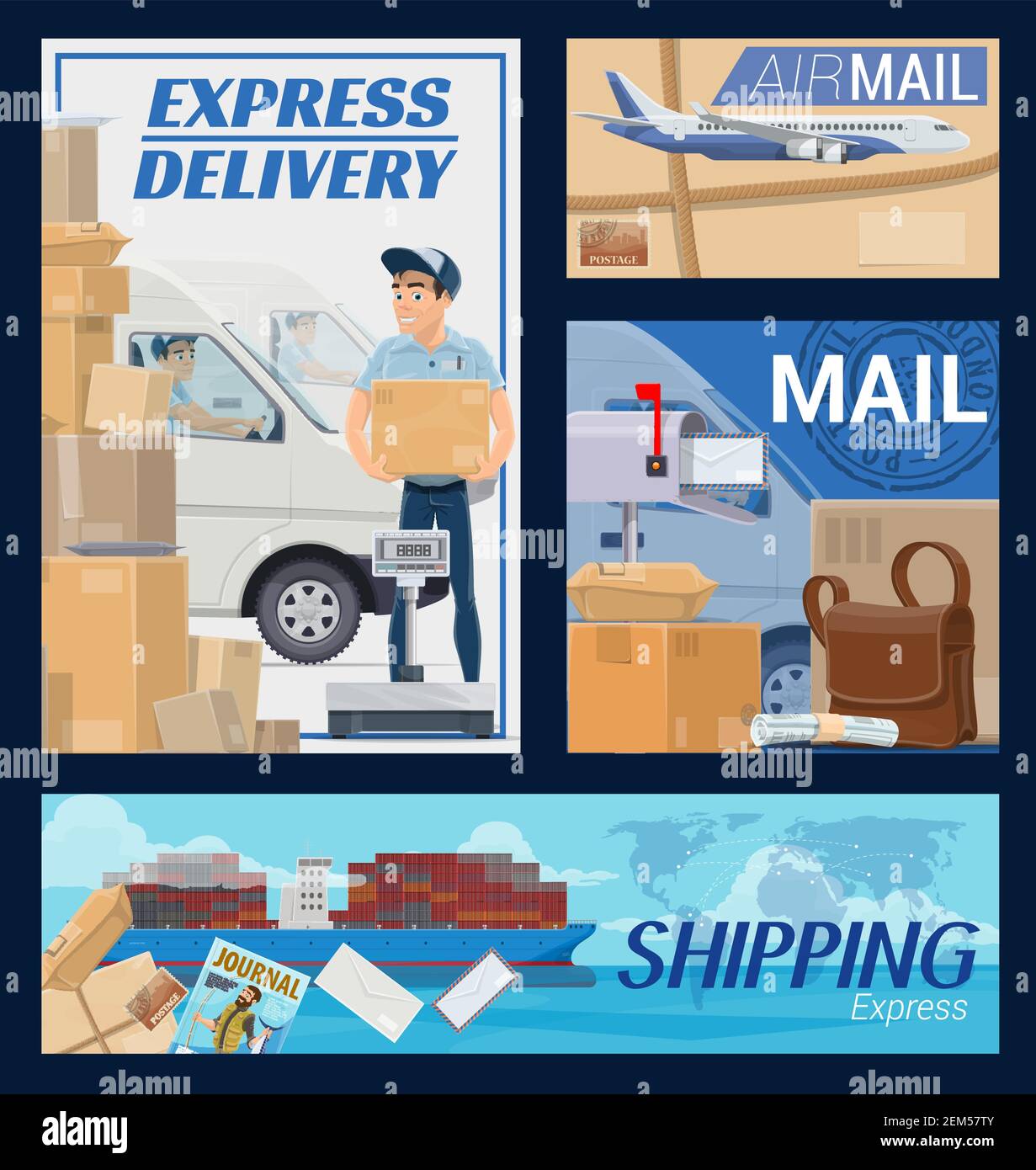 Envío de paquetes de carga y correo, mensajero un cartero. Cartoon van,  avión y envío de correos y paquetes en todo el mundo. Envío urgente se  Imagen Vector de stock - Alamy