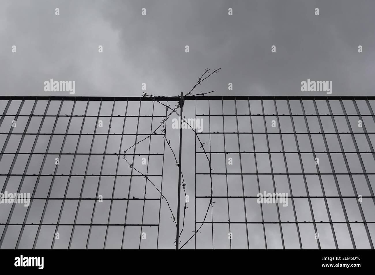 Malla metálica y alambre de púas bajo cielo nublado. Foto de stock