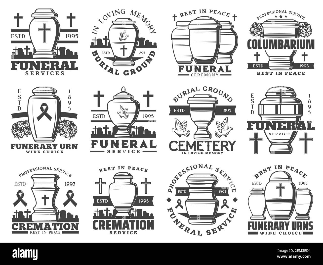 Iconos de vectores de las urnas funerarias y funerarias. Servicio de  funeraria de columbario o cremación. Símbolos monocromos de las urnas de  cremación para ceniza en cemete Imagen Vector de stock -