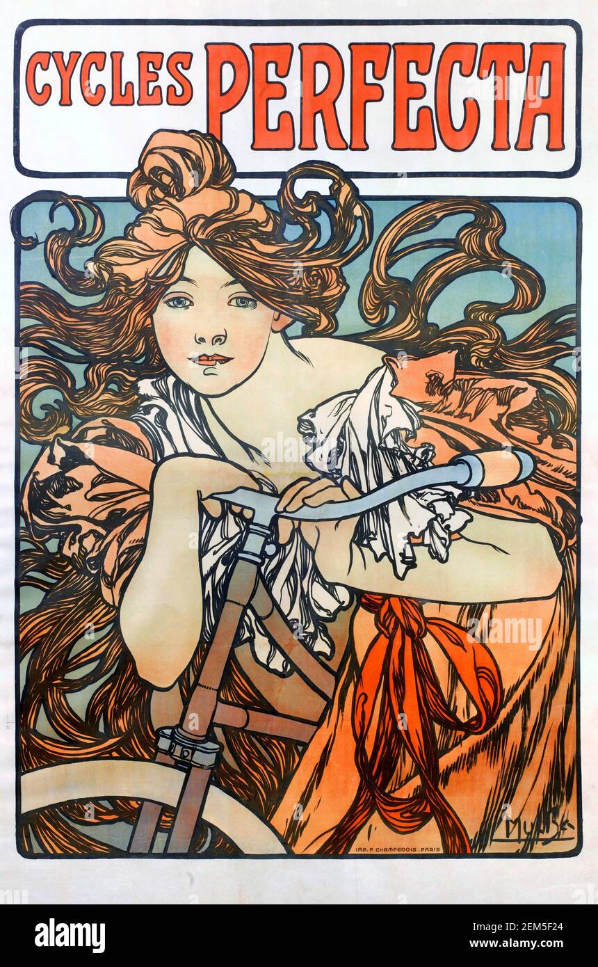 Alphonse Mucha, cartel publicitario de 'Perfecta Cycles', 1902. Alfons Maria Mucha (1860 -1939) fue una pintora, ilustradora y artista gráfico de estilo Art Nouveau checo, Foto de stock