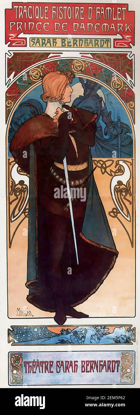 Alphonse Mucha, cartel publicitario para Hamlet con Sarah Bernhardt, litografía a color, 1904. Alfons Maria Mucha (1860 -1939) fue una pintora, ilustradora y artista gráfico de estilo Art Nouveau checo, Foto de stock