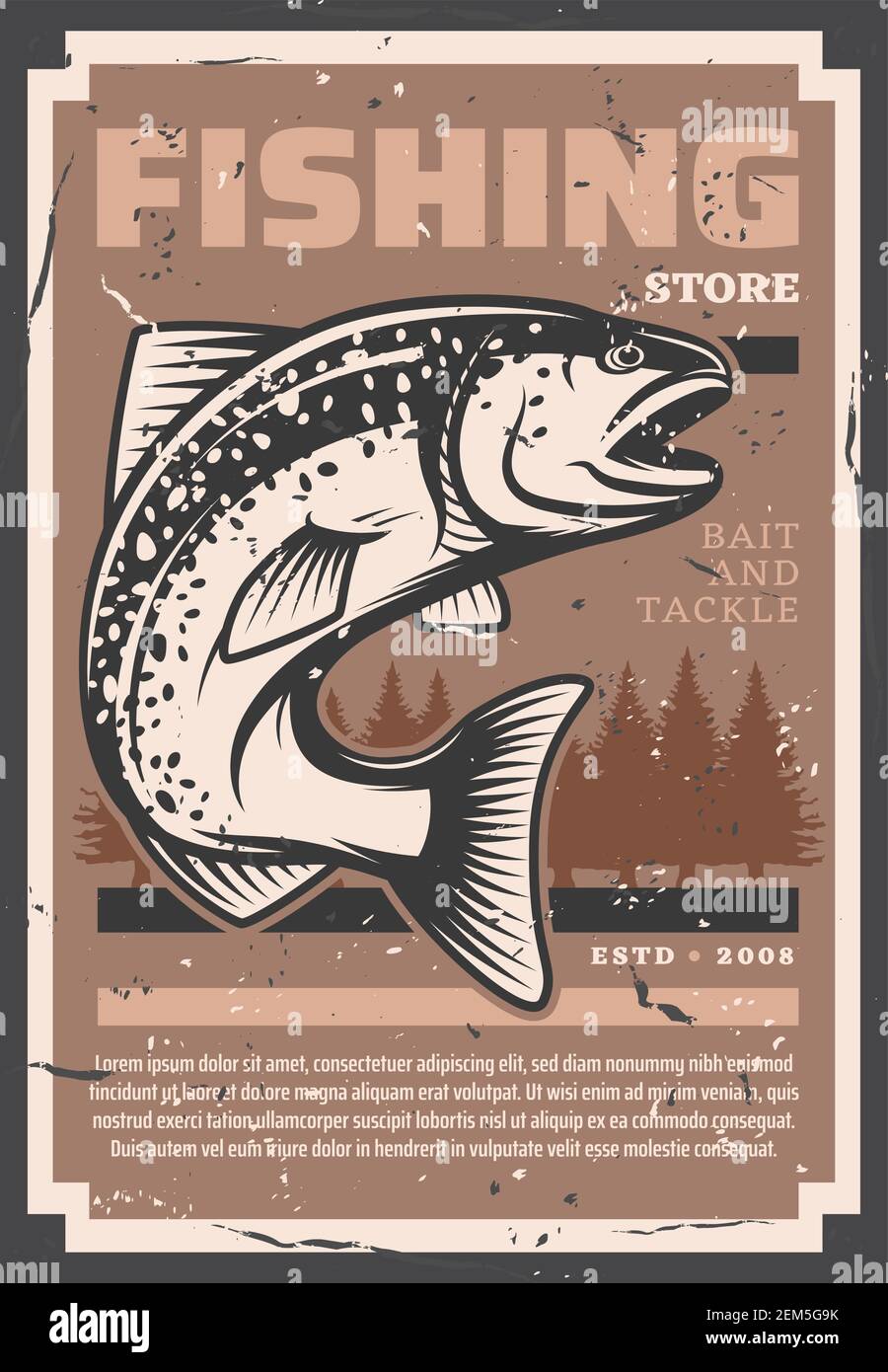 Pesca de salmón y trucha, pesca de pescado y equipo de pesca tienda retro  vintage grunge poster. Vector de las cañas de la pesca, tackles y señuelos,  tienda de cebos para ri