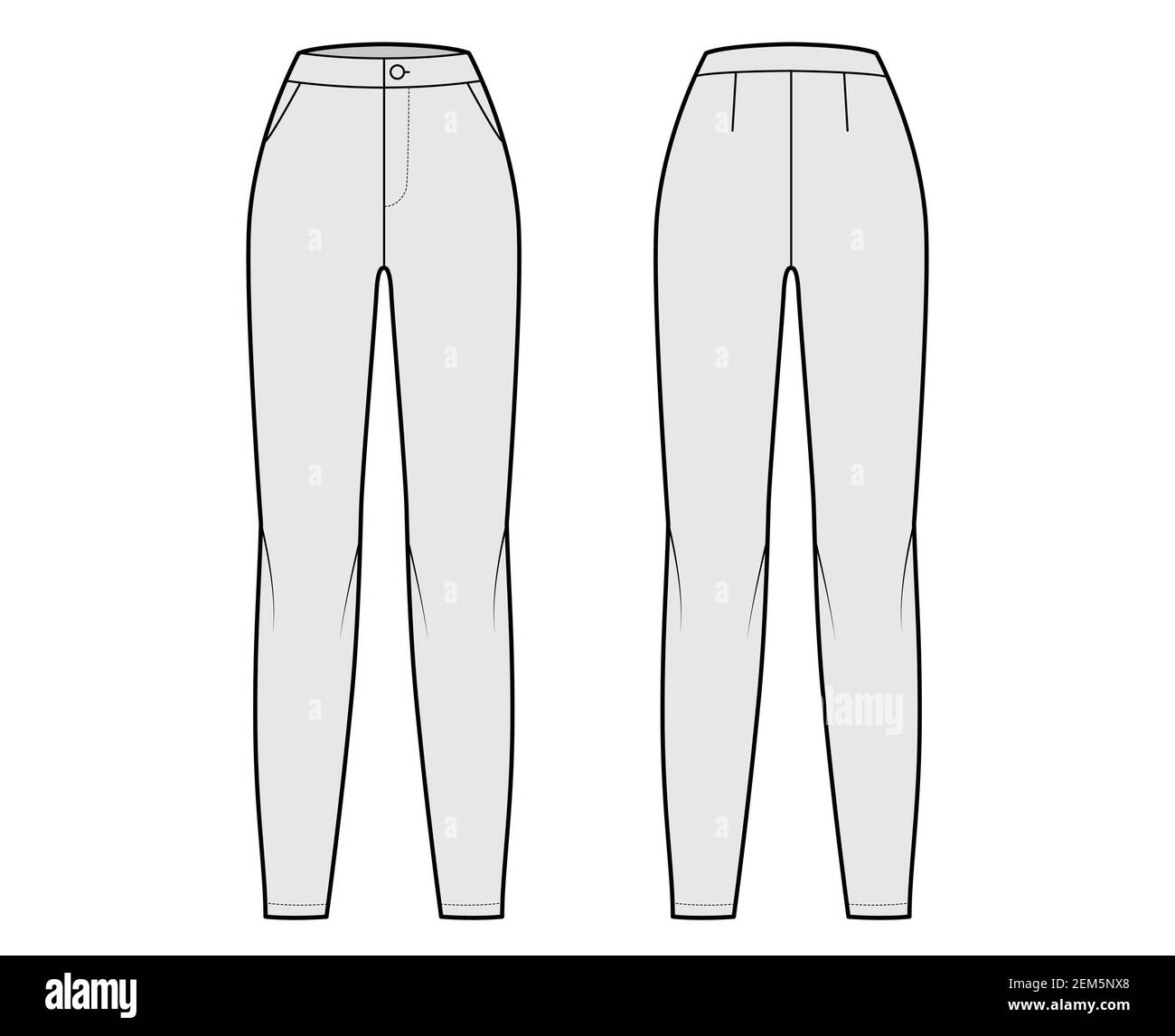 Pantalones sin pinzas ilustración técnica de moda con cintura normal, talle  alto, longitud completa, bolsillos con recortes. Sin pinzas sport pantalón  ropa plantilla espalda color gris. Mujeres unisex CAD mascup Imagen Vector