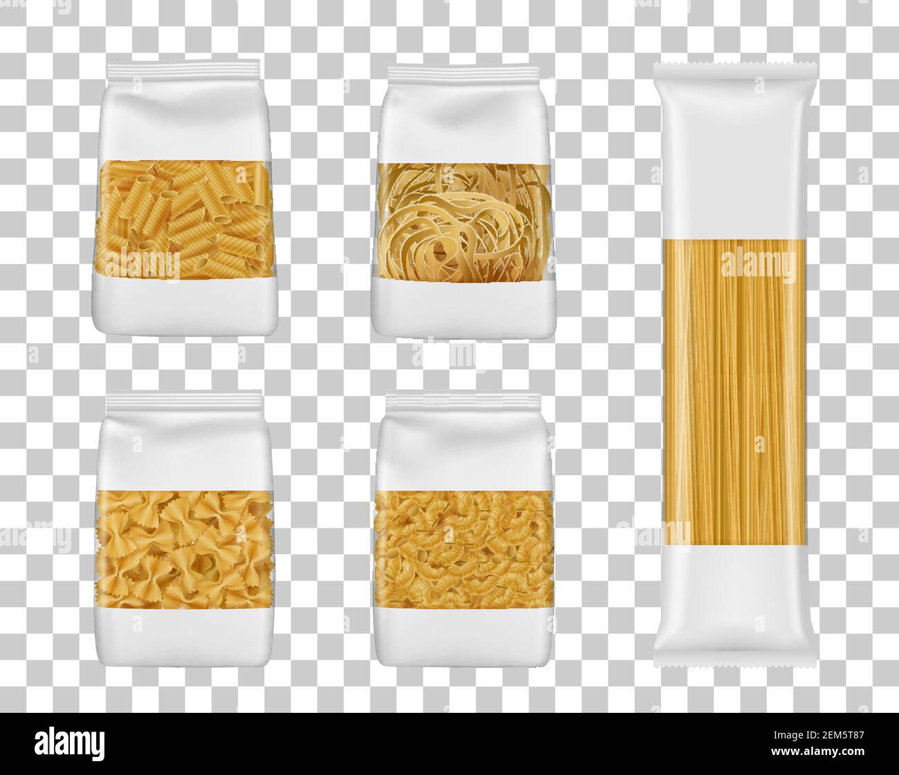 Comida italiana pasta paquete de mascups. Bolsas de aluminio o plástico con  ventanas transparentes vector realista italiano macarrones, espaguetis y  paquetes farfalles, penne, el Imagen Vector de stock - Alamy