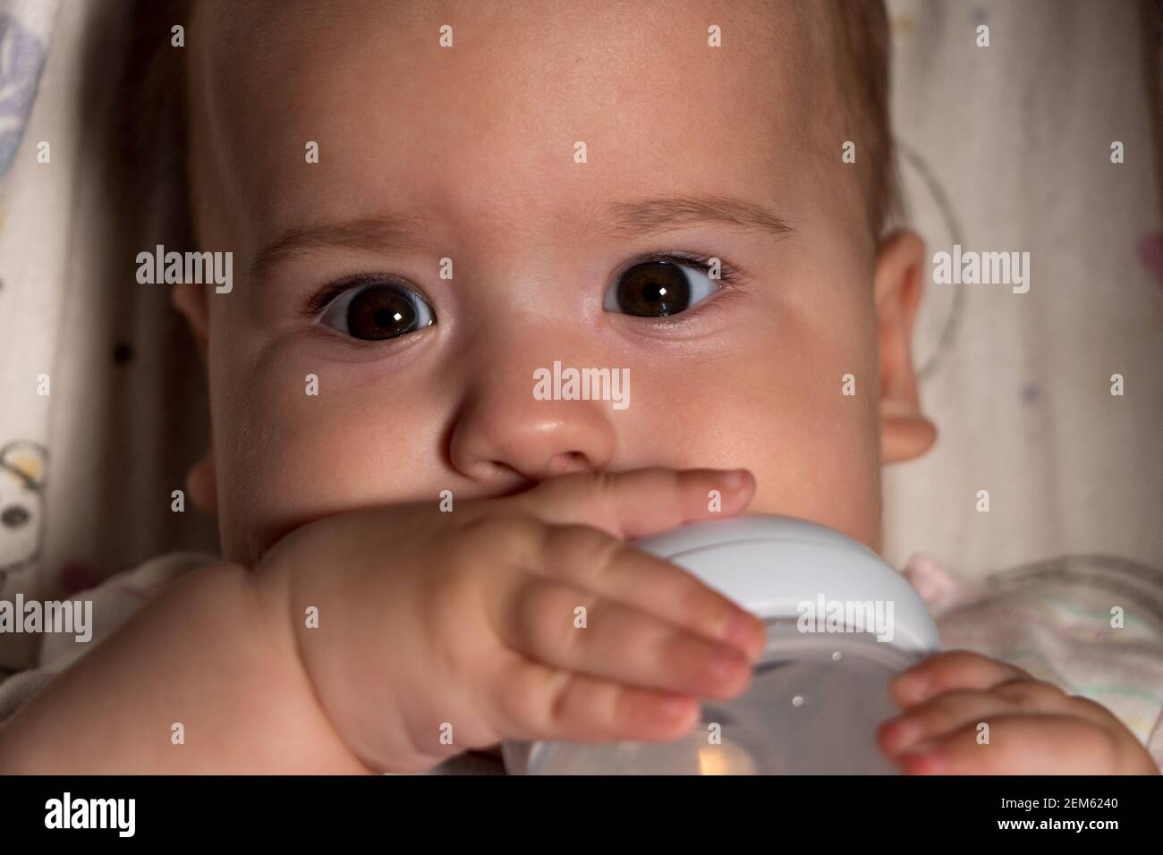 Bebe Infancia Emocion Concepto De Comida Primer Plano De Cara Sonriente De Gran Chubby De Ojos Marrones Recien Nacido Despierto 7 Meses Bebe Agua De La Botella Fotografia De Stock Alamy