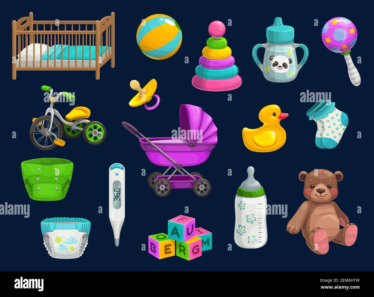 Iconos de artículos para bebés con juguetes vectoriales y productos para el  cuidado de niños. Botella, sonajero y chupete, cochecito, pañal y oso  relleno, cuna, calcetines y taza de sippy, r Imagen