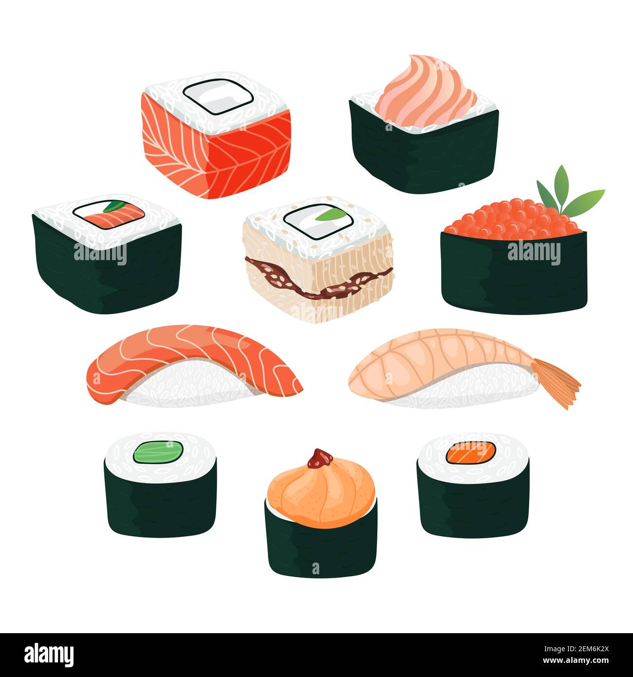 Set de sushi. Diferentes tipos de sushi y rollos. Tradicional rollo de japón, gunkan con caviar de tobiko, original con queso de filadelfia y salsa de lava, sa Ilustración del Vector